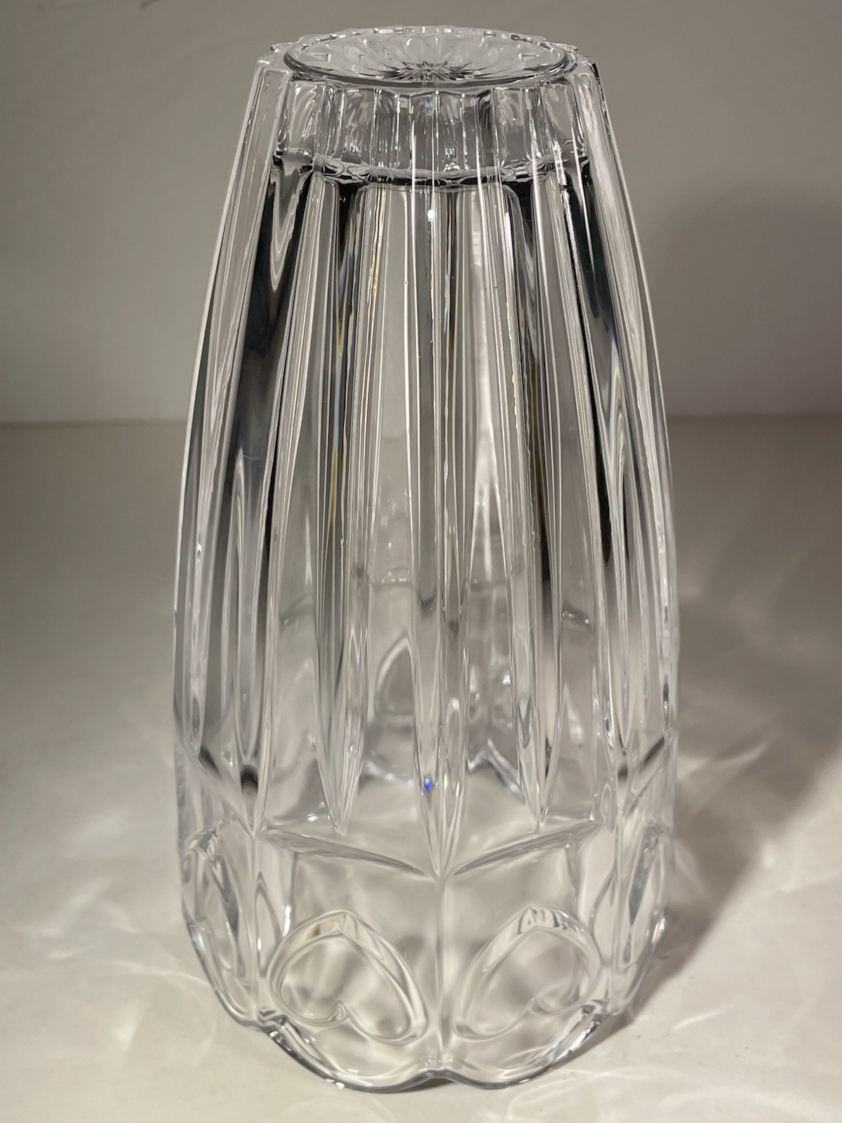Vintage Heavy Ribbed Cut Crystal Vase Clear 7-3/8” Hearts Pattern Scalloped Rim