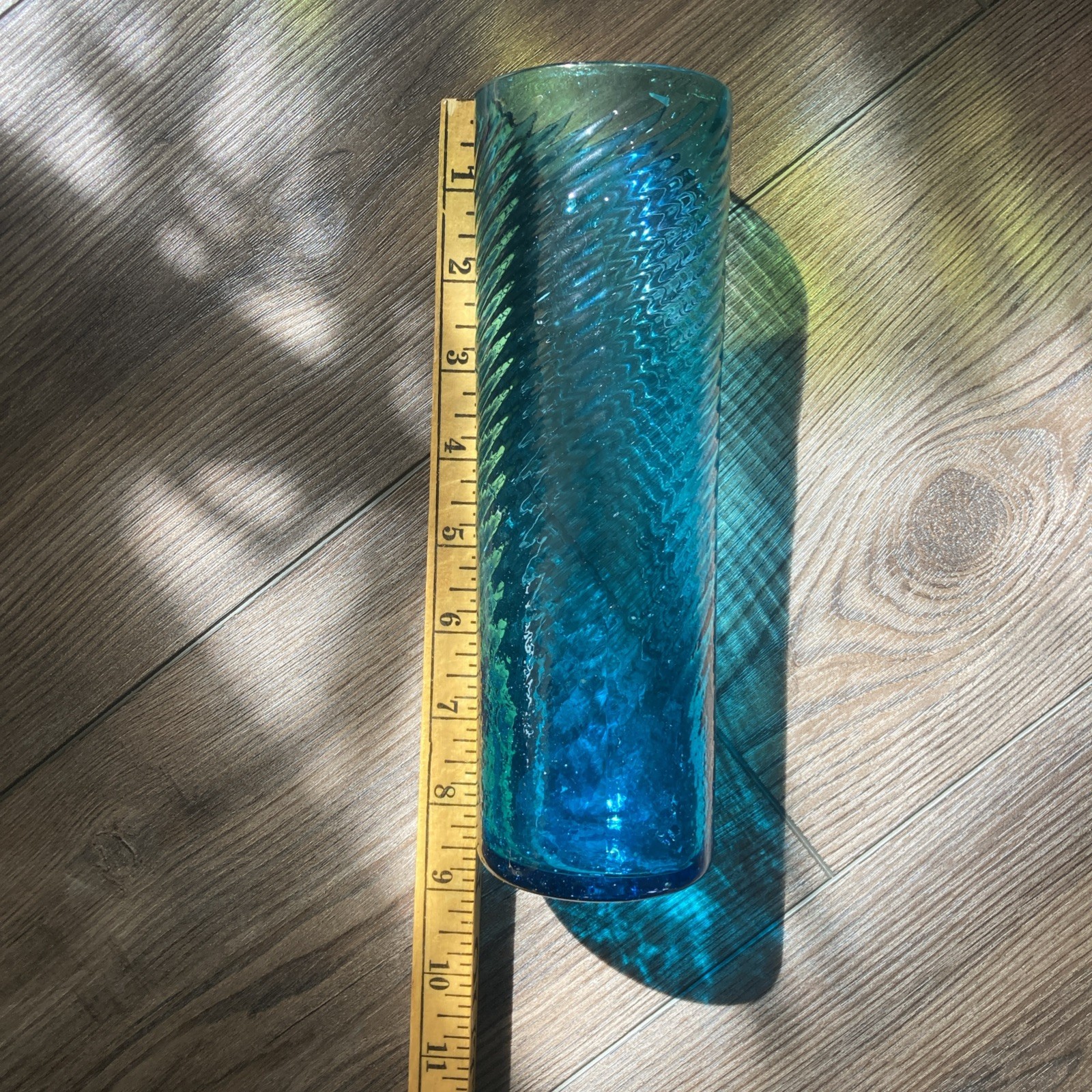 Vintage Empoli Teal Blue Hand Blown Swirl Optic Glass Vase Bubbled MCM