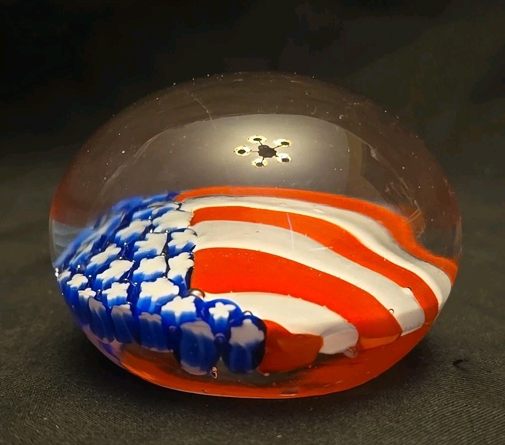 Old Glory American Flag Vintage Paperweight Glass Blown 3″ diameter Patriotic