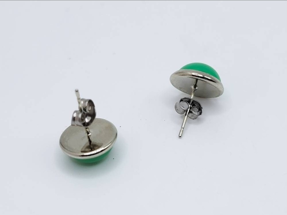 Uranium Glass Stud Earrings 10mm Green Cabochon Stainless Steel