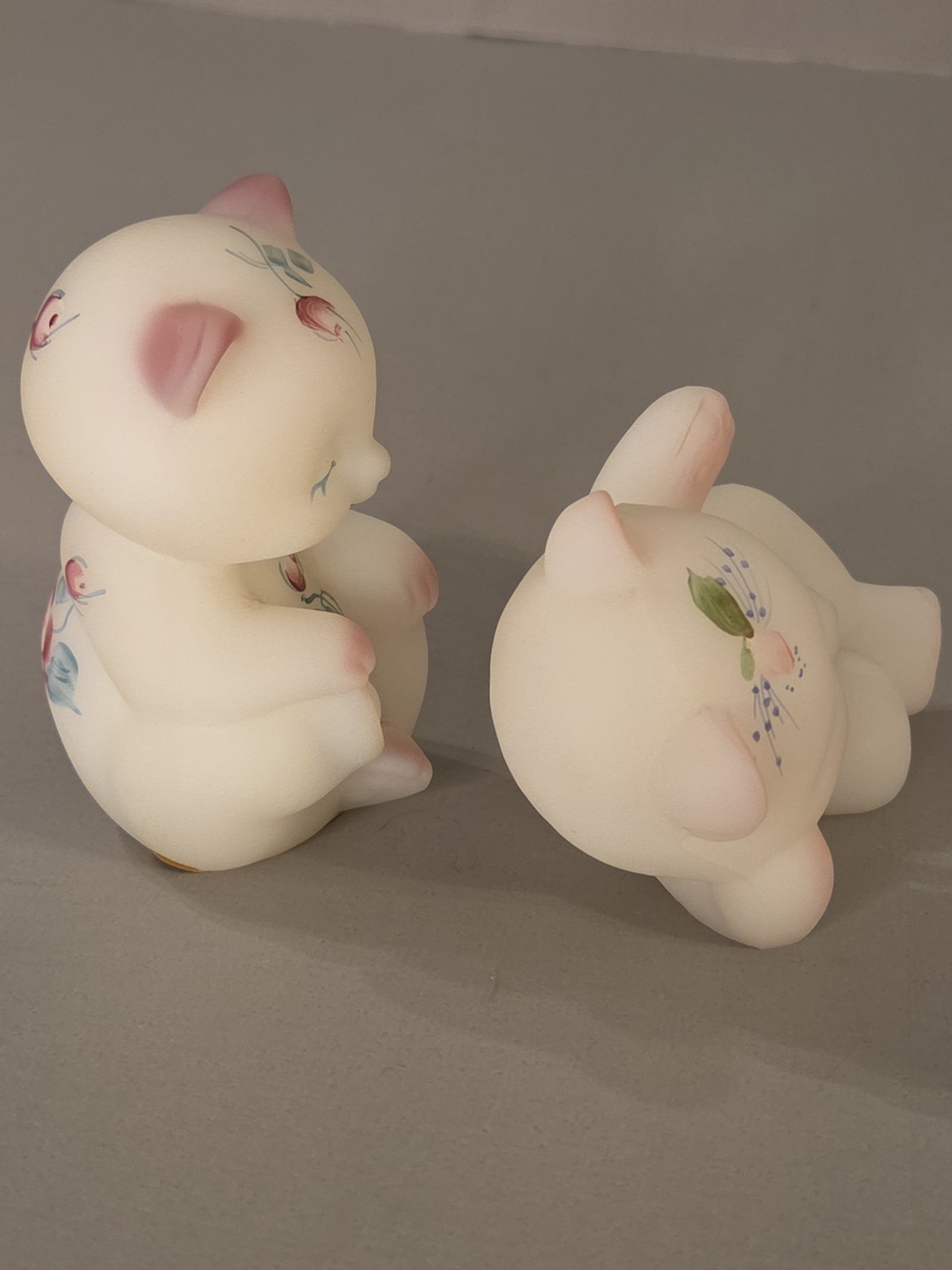 Lot 2 Fenton Bears White Pink Satin Hand Painted Floral Signed Sitting Reclining