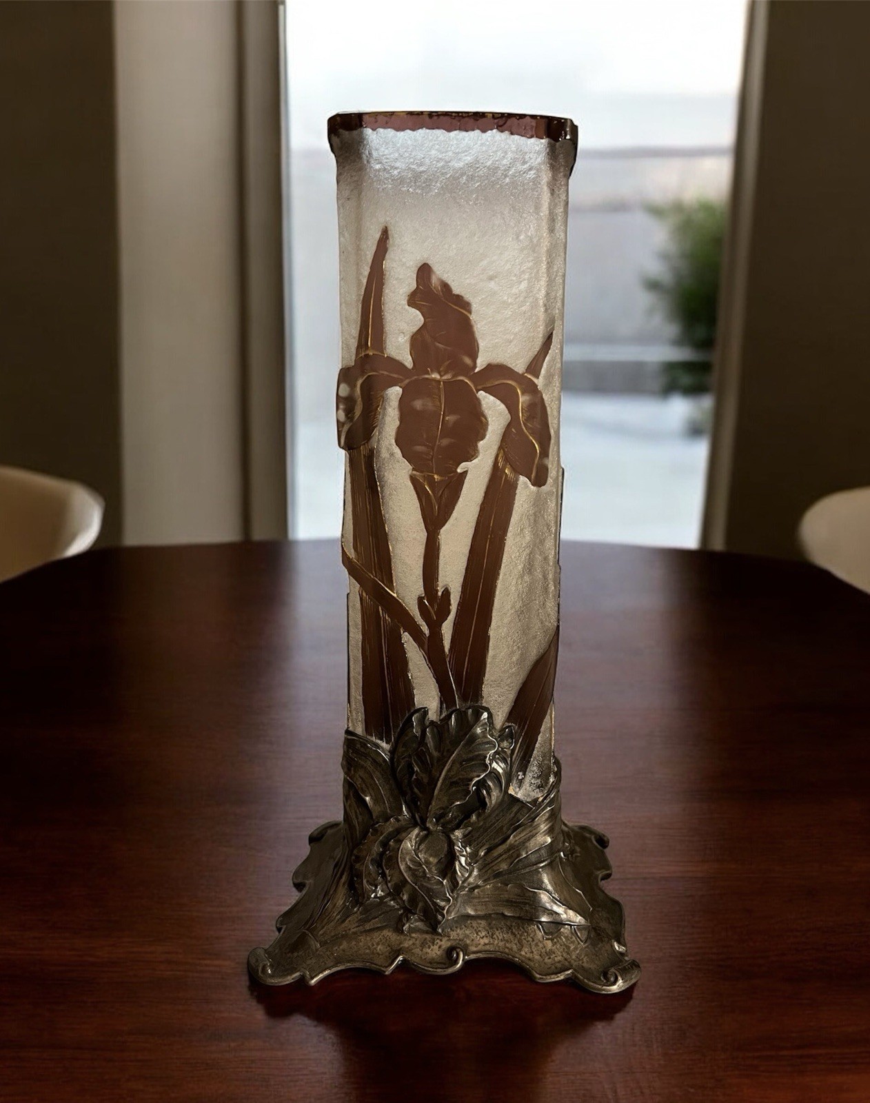 Authentic Pair Genuine Daum Nancy France Acid Etched Cameo Gilt Vases Signd Rare