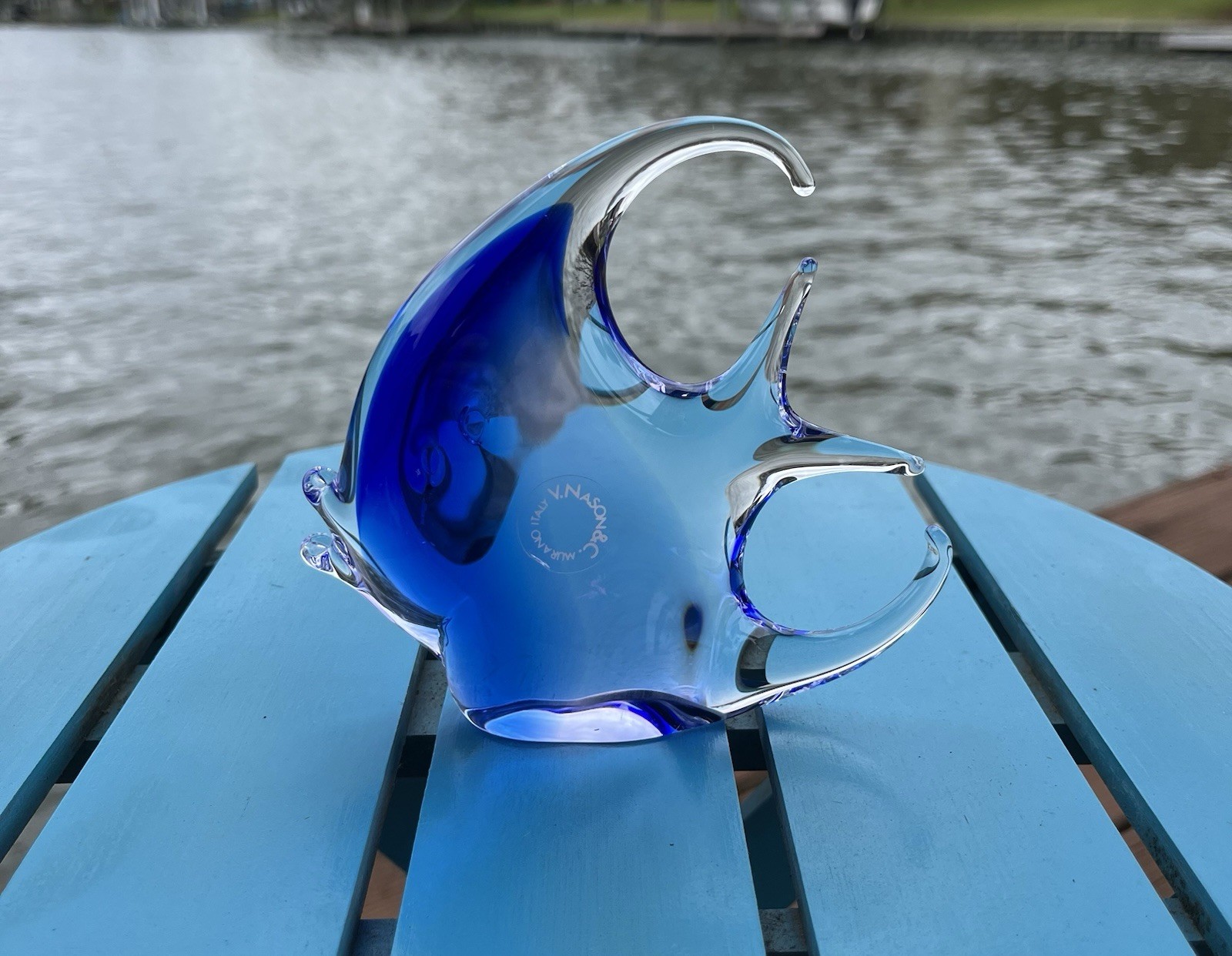V. Nason & C. Murano Glass Paperweight Angelfish Cobalt Blue Clear Italy 4.5″