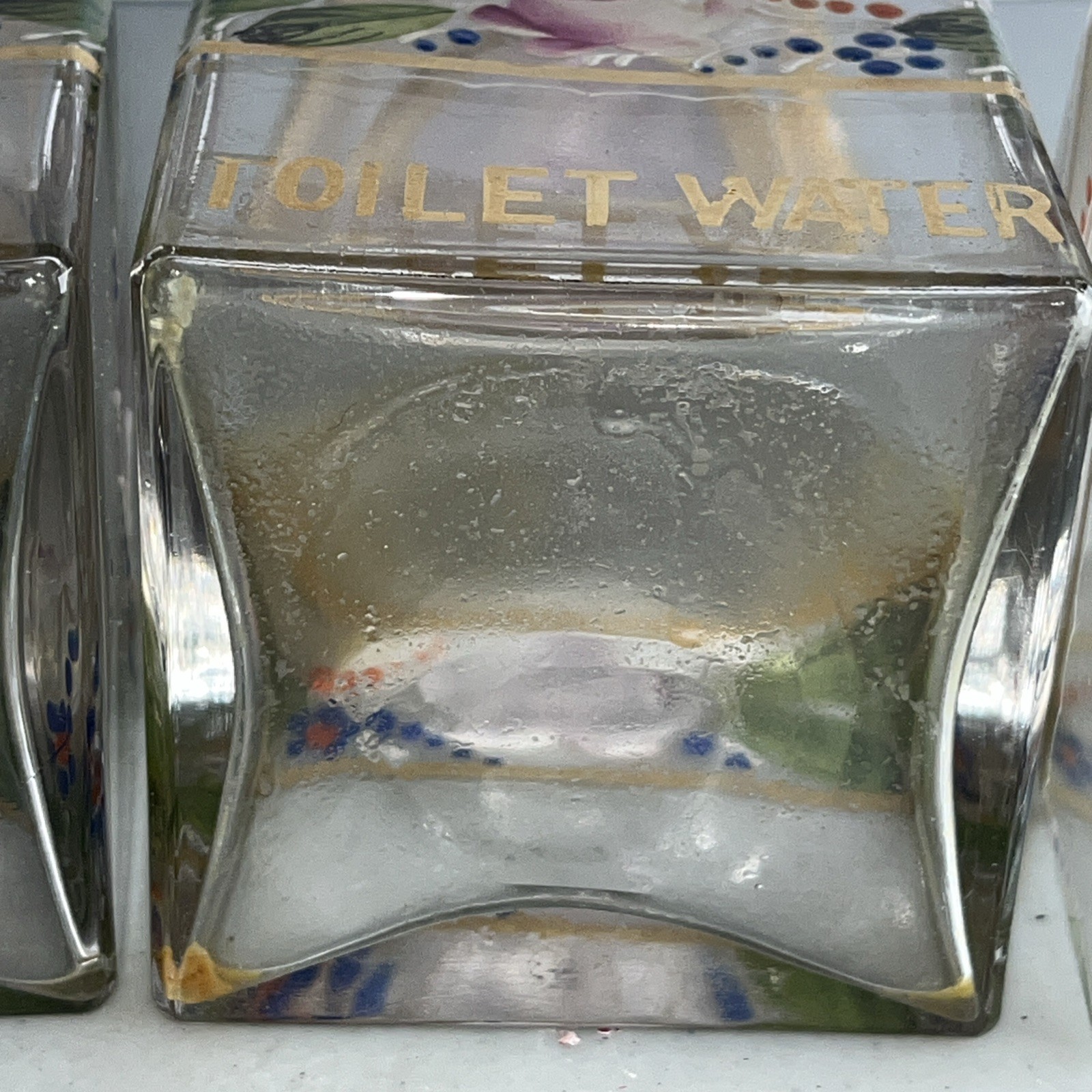 Antique Hand-Enameled Floral Pink Gold Gilded Glass Vanity Bottles Rare 5 Pieces
