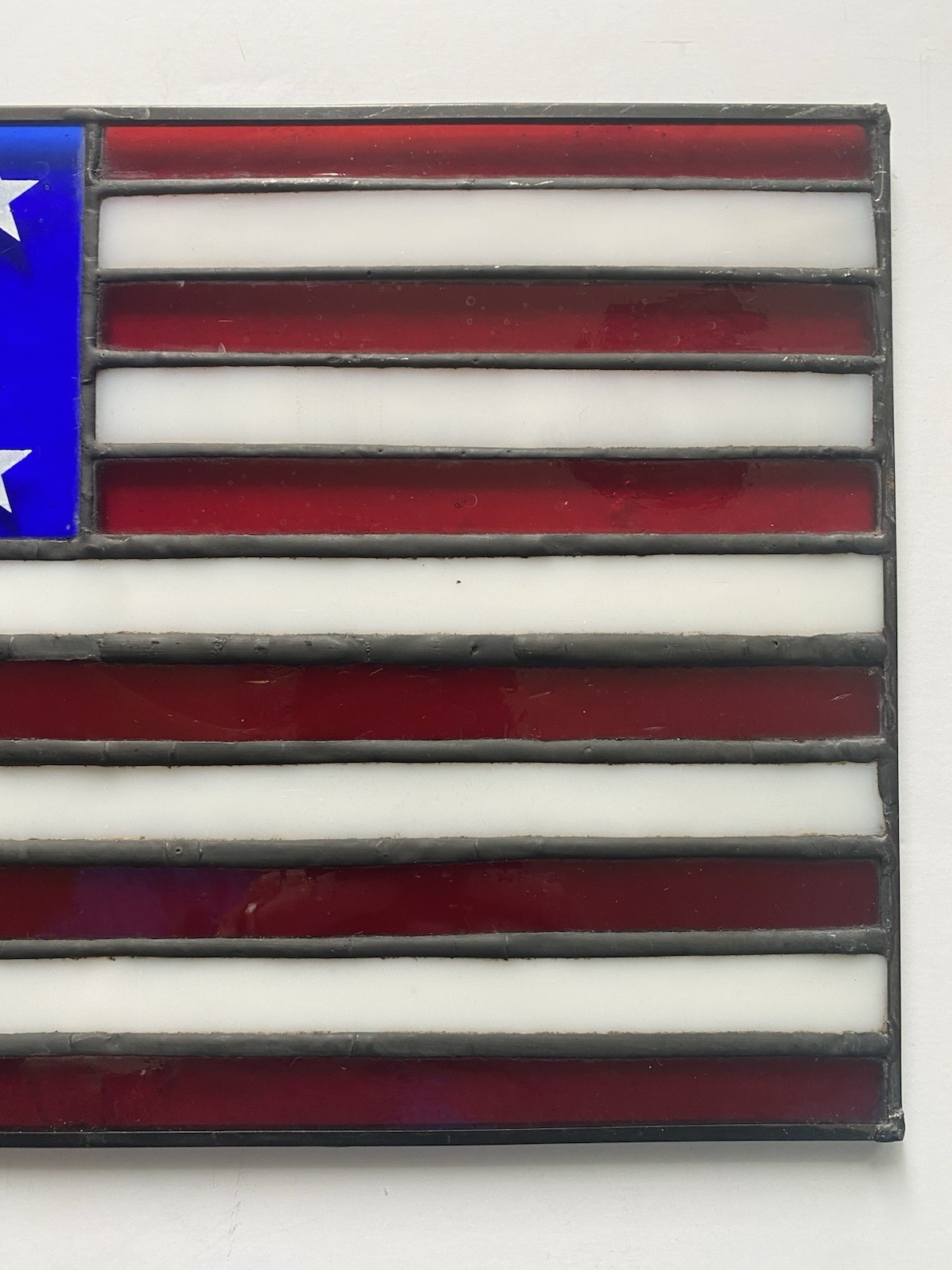 Leaded Stain Glass American Flag Window Panel 12”x7.25” Hanging Loops Sun Catch