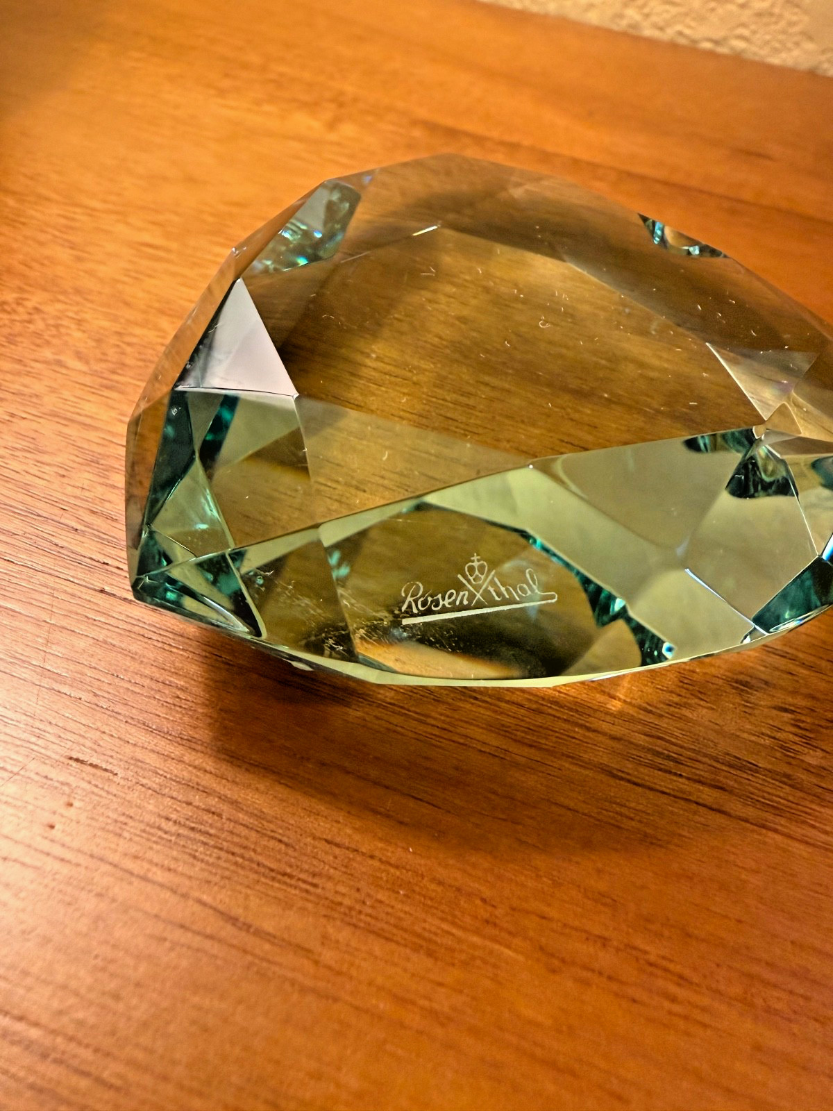 Rosenthal Signed Crystal Heart Shaped Paperweight Faceted Cut Green 3.5” 8oz
