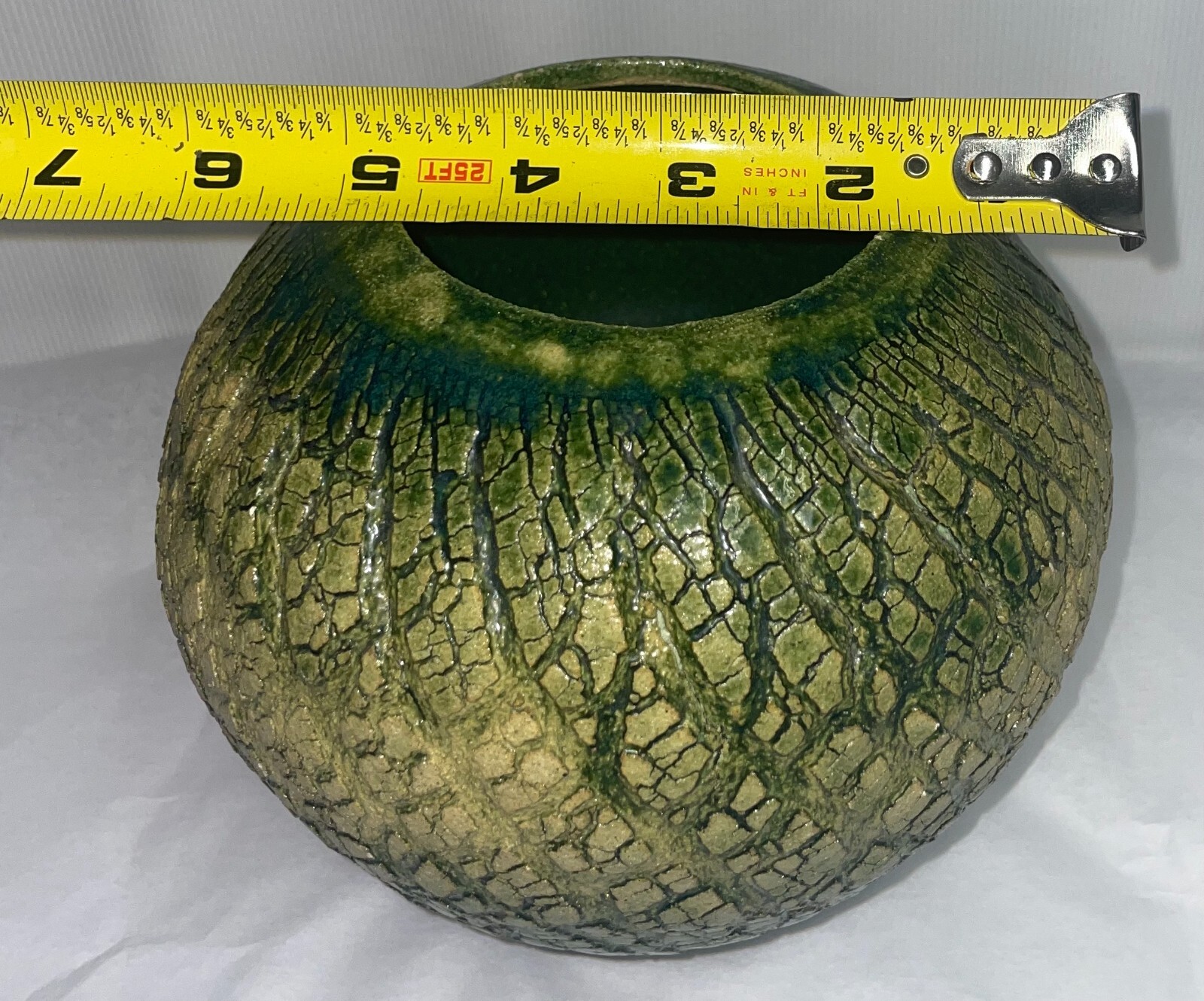 Vtg Kera Textured Green Spherical Vase Ceramic Artist Signed 6 1/2 Inches High