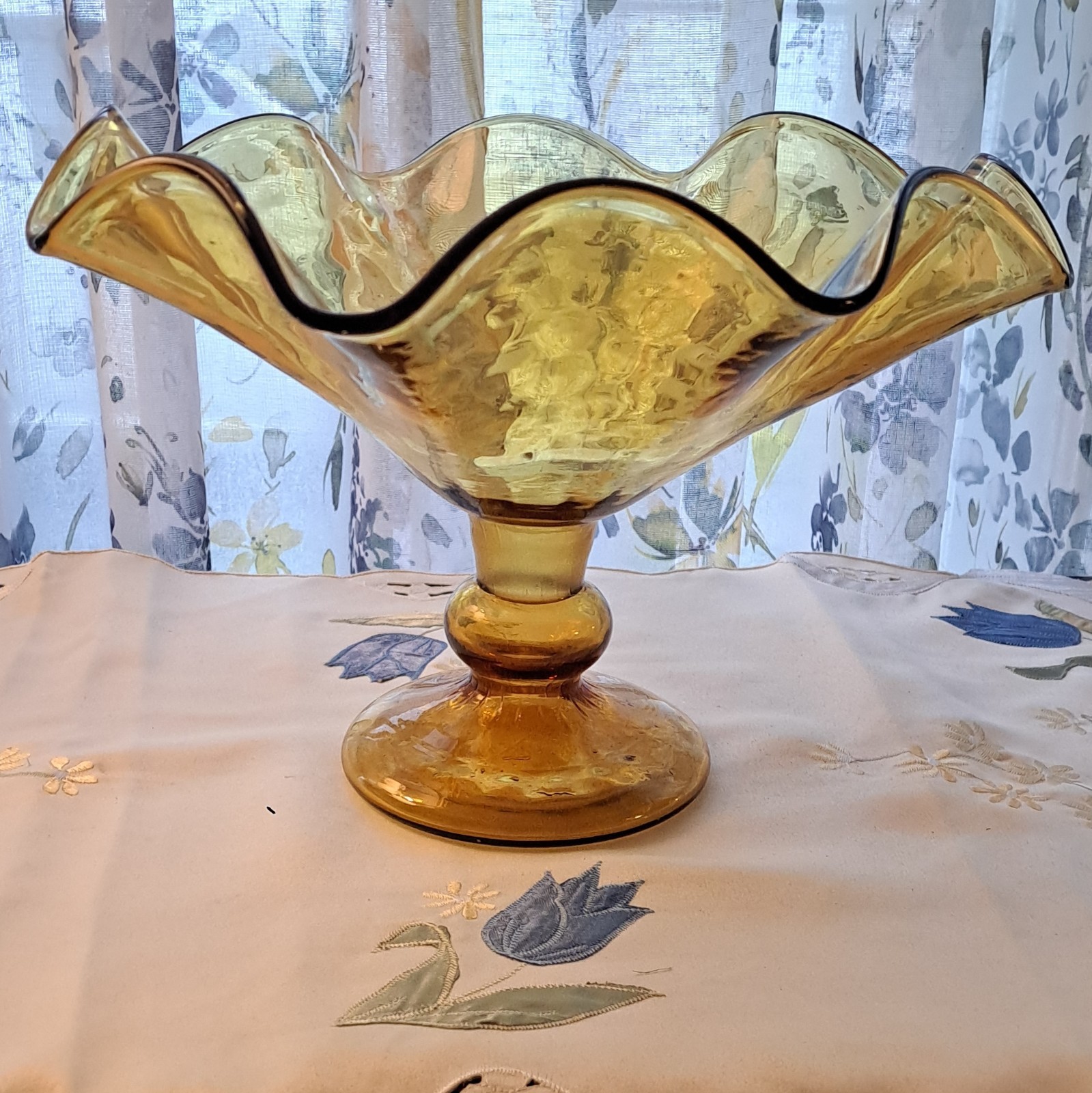 Amber Gold crystal Epergne Ruffled Trumpet Vase 15in Tall HandBlown Raindrop MCM