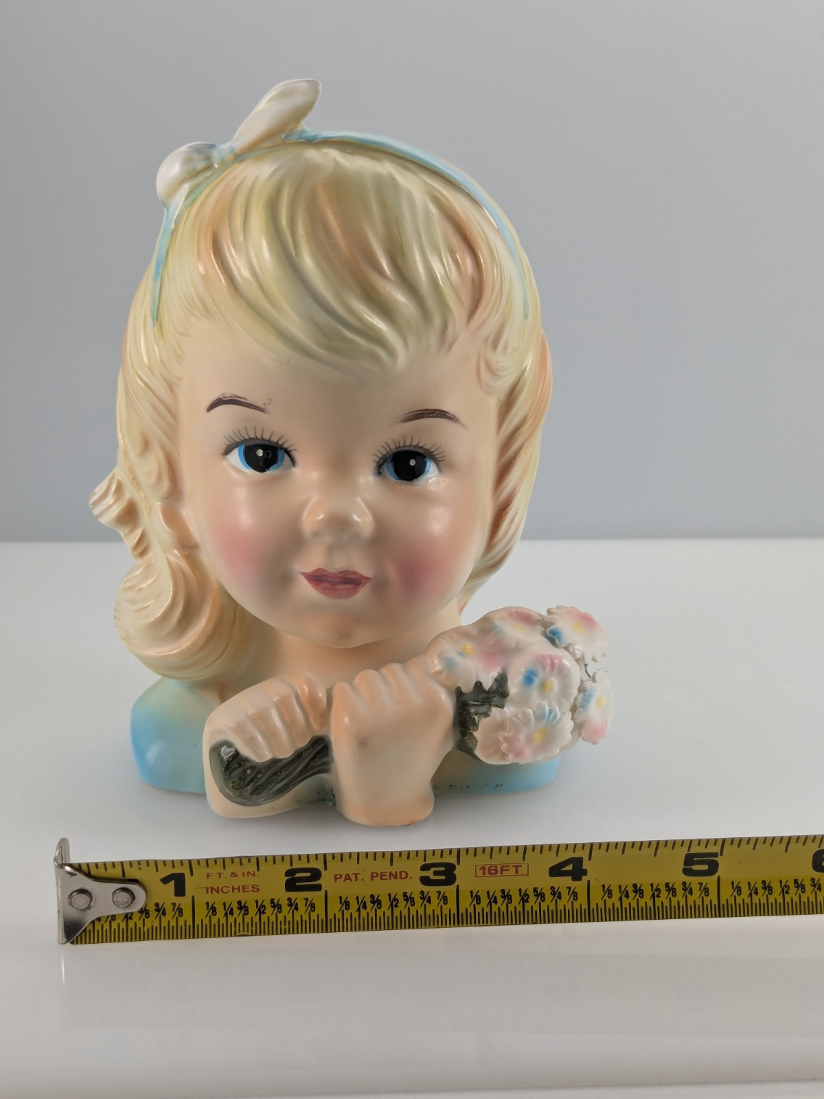 Vintage Lady Head Vase Girl Japan Puffy 3D Pastel Bouquet & Blue Tie Hair Ribbon