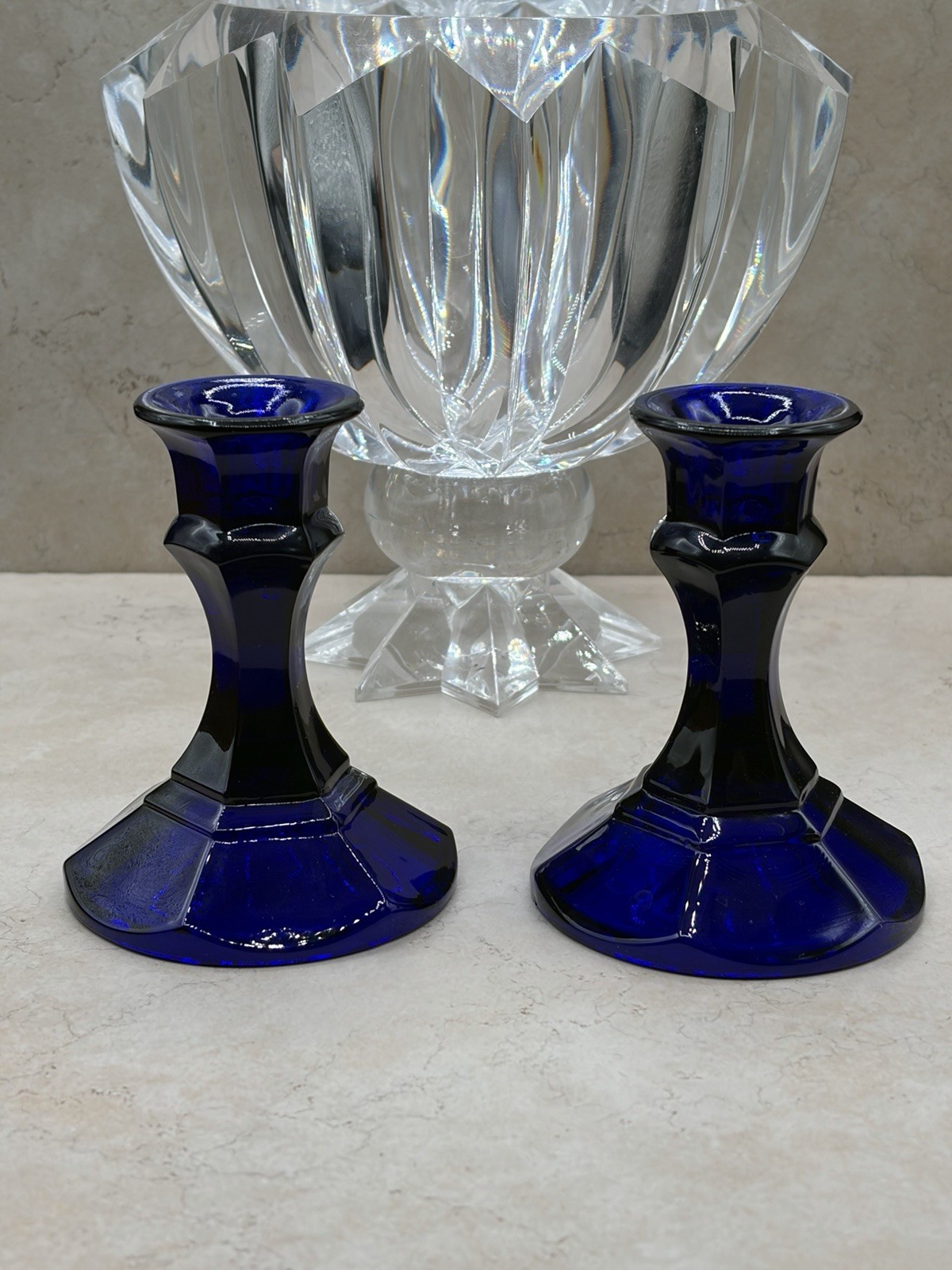 Set Of 2 Vintage Libbey Cobalt Worthington 6 Panel Candle Holders Reversible
