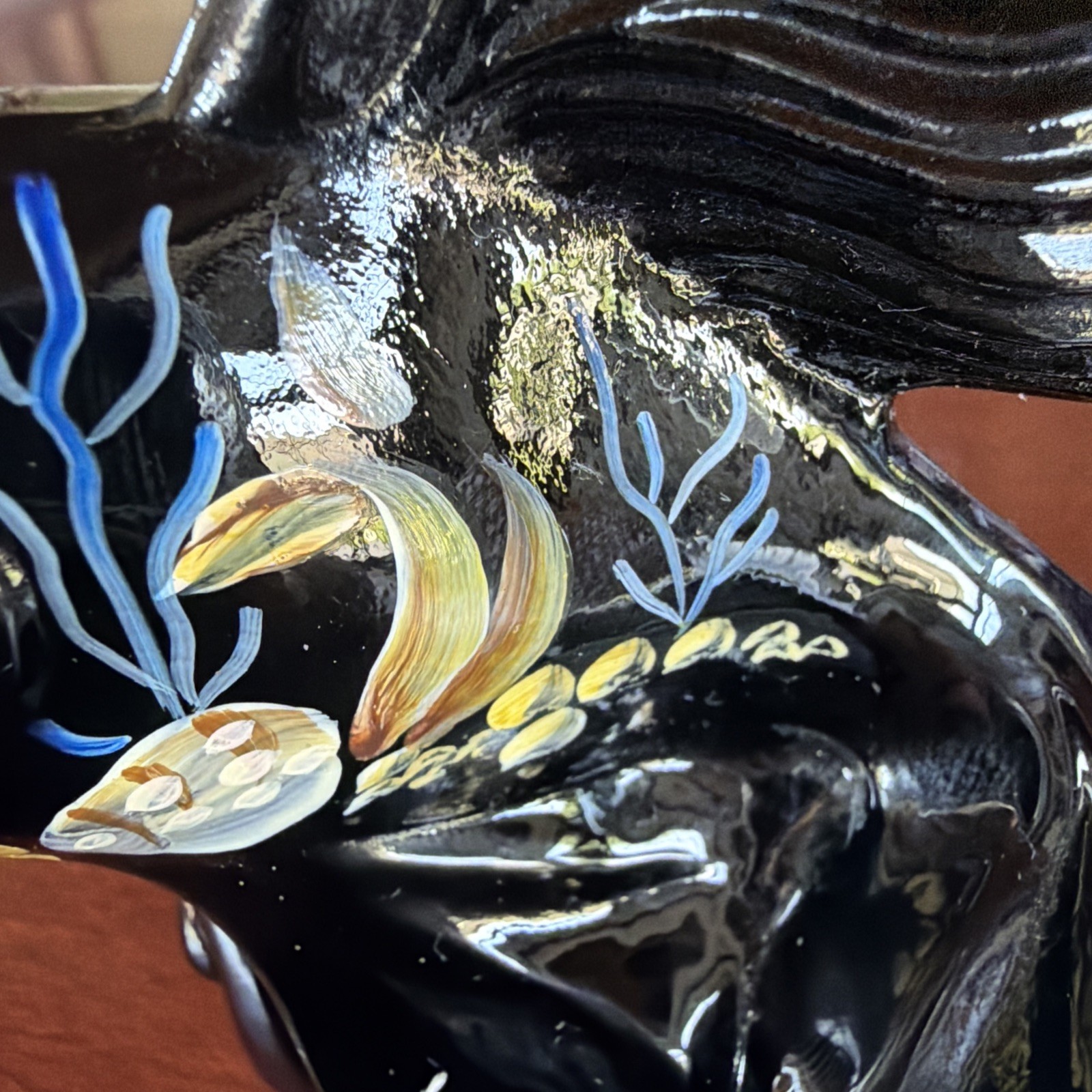 Fantastic Fenton Glass Black Ebony Koi Fish/Asian Goldfish Hand Painted Signed