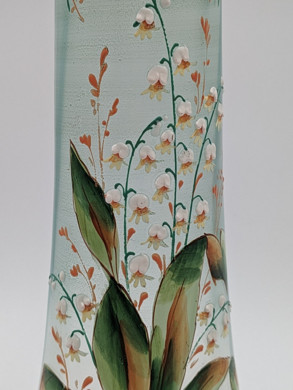 (2) Bohemia Satin Glass Enameled Hand Painted Lily of the Valley Vases 14″
