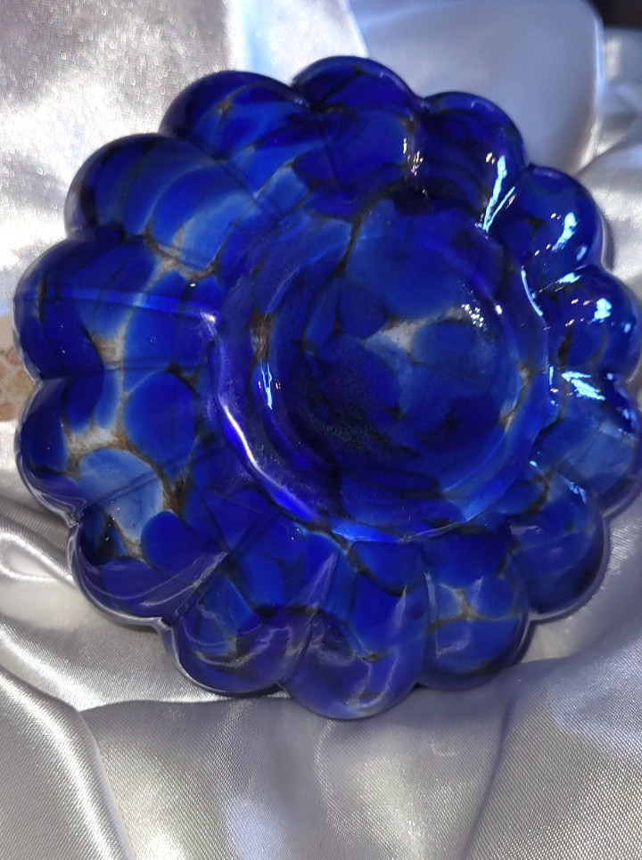 2 Art GLASS BLUE, WHITE & GOLD FALL PUMPKIN FIGUREs TWISTED STEM New