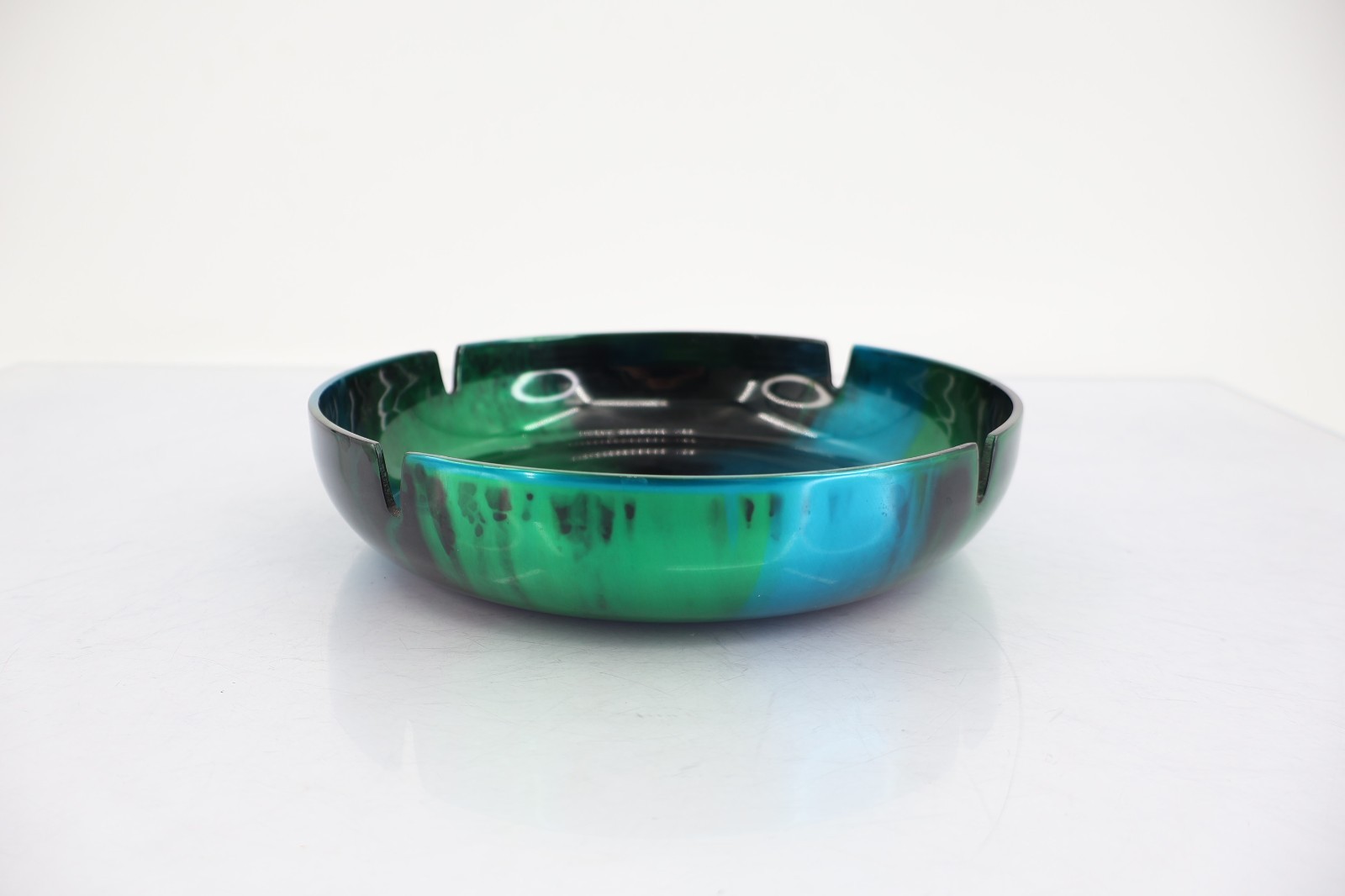 Iridescent Teal Green Black Enamel Metal Ashtray Catchall Dish Vintage MCM