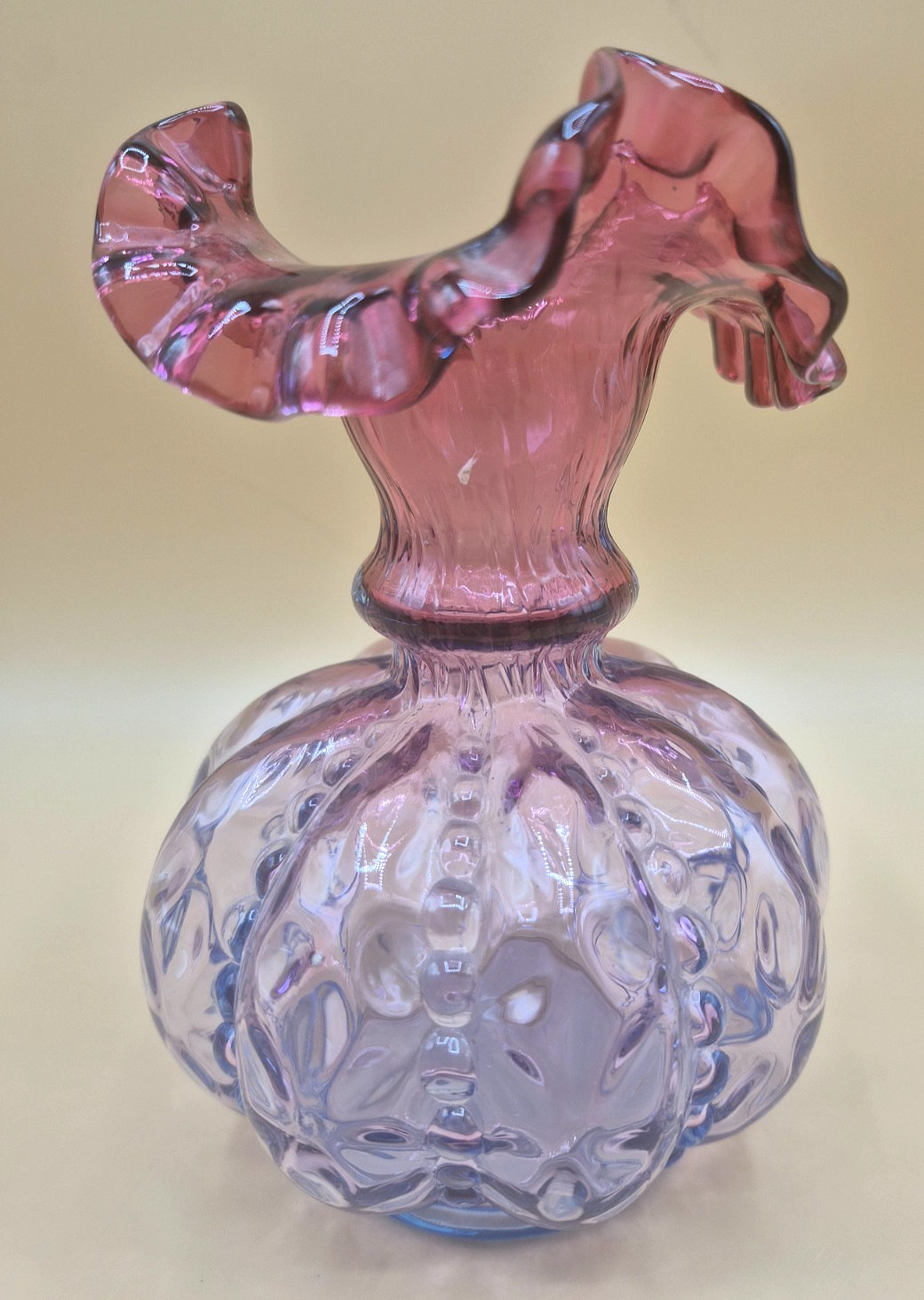 Fenton Mulberry Beaded Melon Ruffled Vase 5.5″ Glass Purple Blue & Mint
