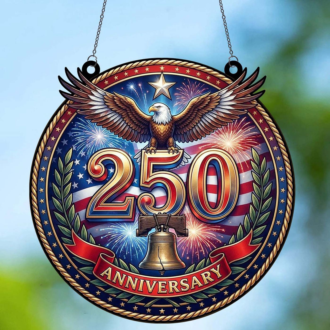 250 Years USA Anniversary Suncatcher Ornament, Patriotic Eagle Liberty Bell