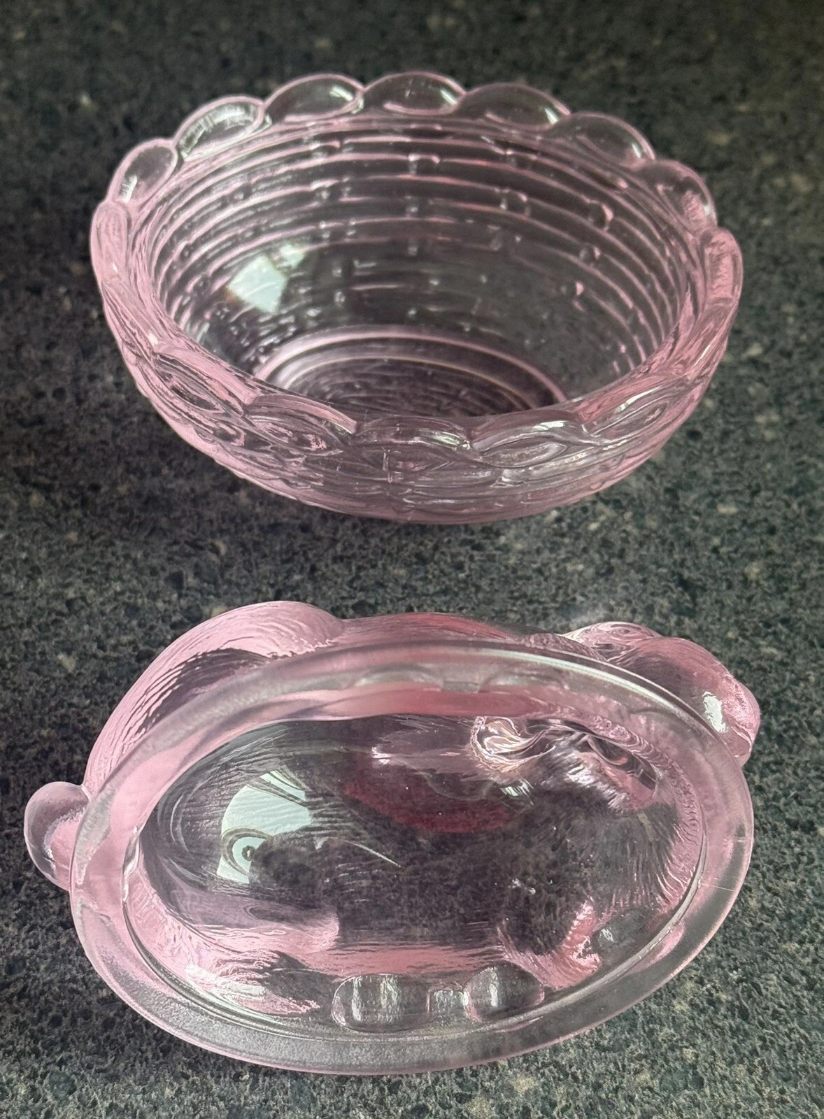 Easter Bunny on Basket Mosser Glass W/ Logo Covered Dish Passion Pink 4″