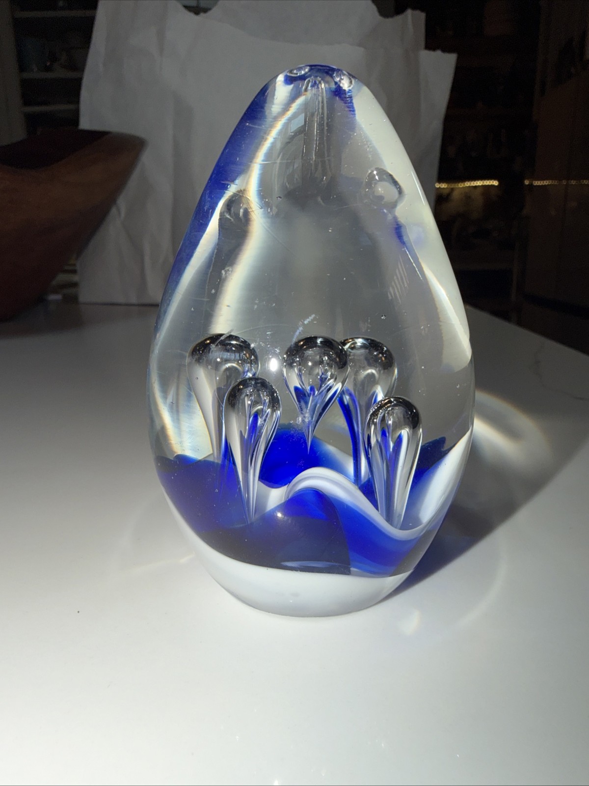 Vintage Clear And Blue Bubble Glass Paper Weight