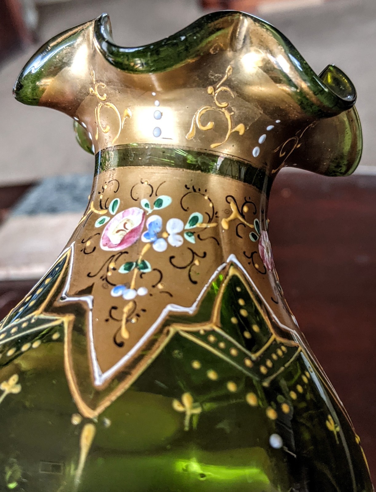 Bohemian Moser Green Glass Hand Painted Gold Gilt Enamel Floral Vase c1930