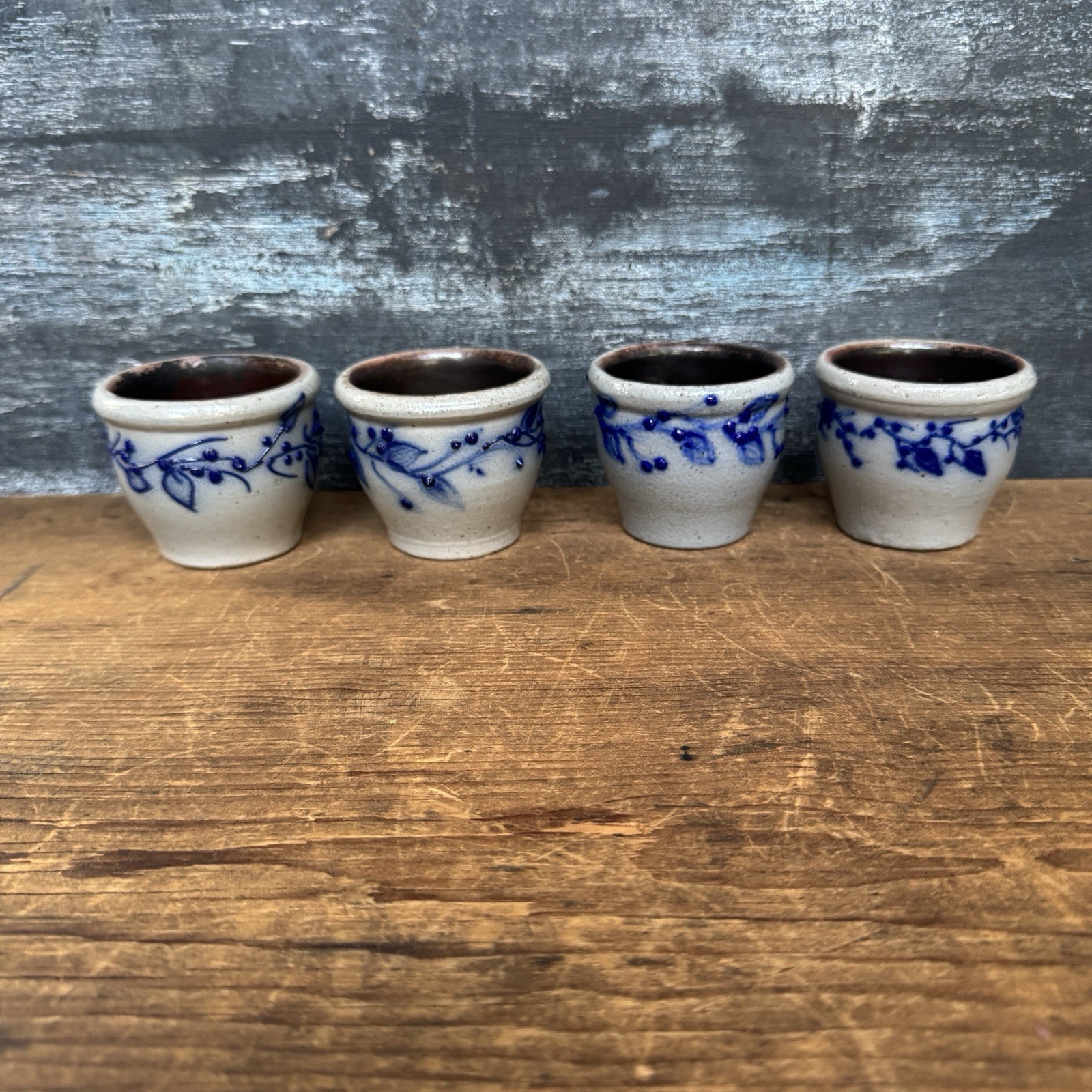 Salmon Falls?Blue and Gray Salt Glazed Pottery Cup Bowl Vase Votives Set Of 4