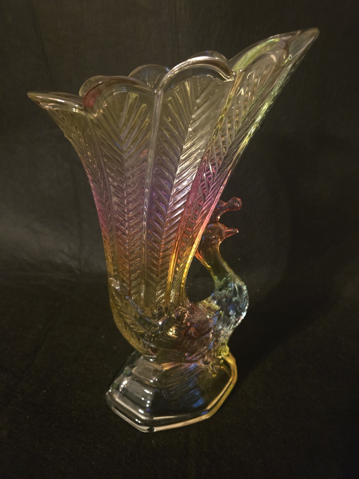 Unmarked Multicolor Glass Swan Vase with Feather Pattern, Decorative Display