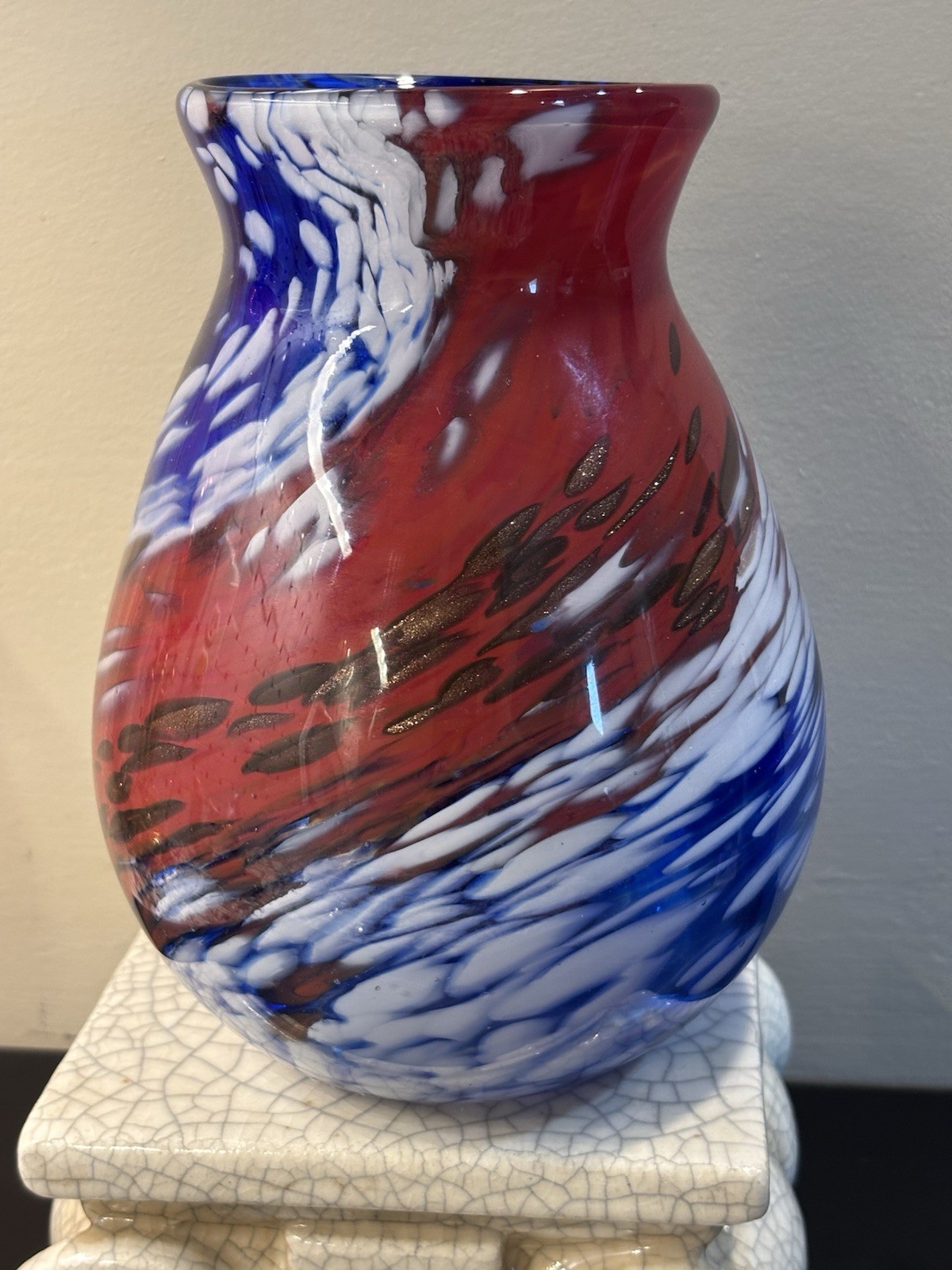 Patriotic North Carolina Artisan Blown Glass Red White Blue Vase