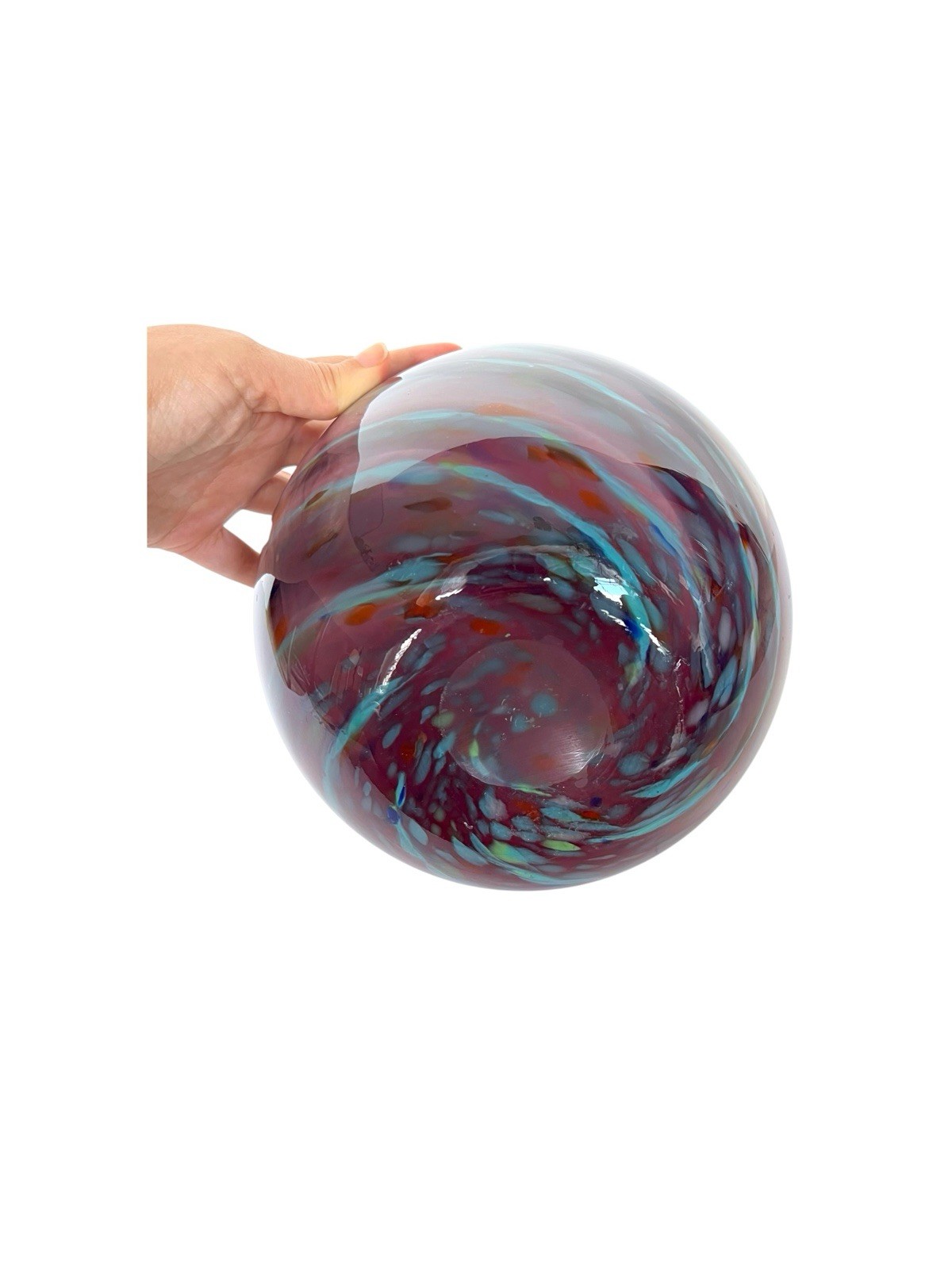 Hand Blown Art Glass Vase Pink Purple Blue Swirl Round Orb Studio Glass 8”