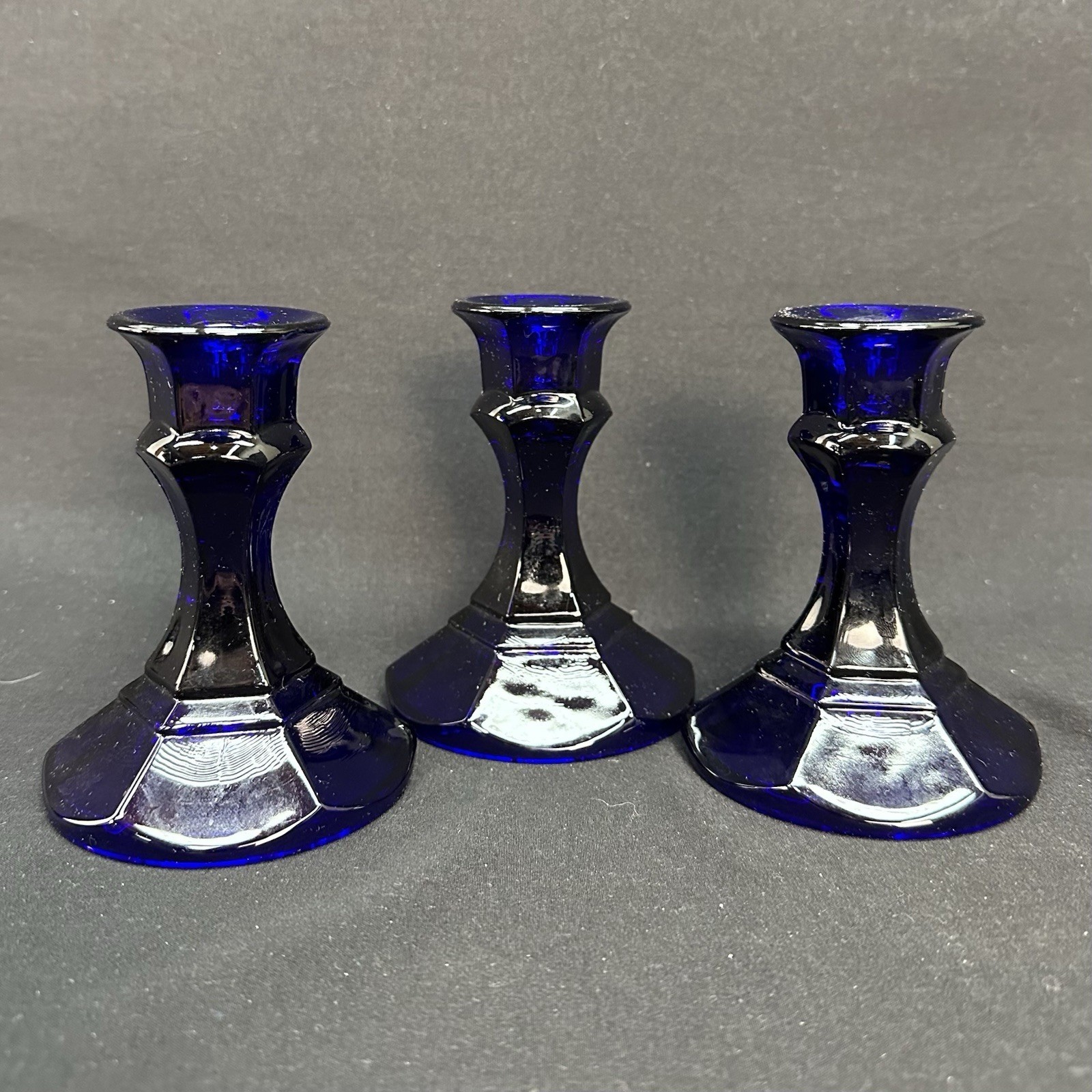 American Stemware ‘Latrobe’ 4″ Cobalt Blue Glass Candle Stick Holders, Set Of 3