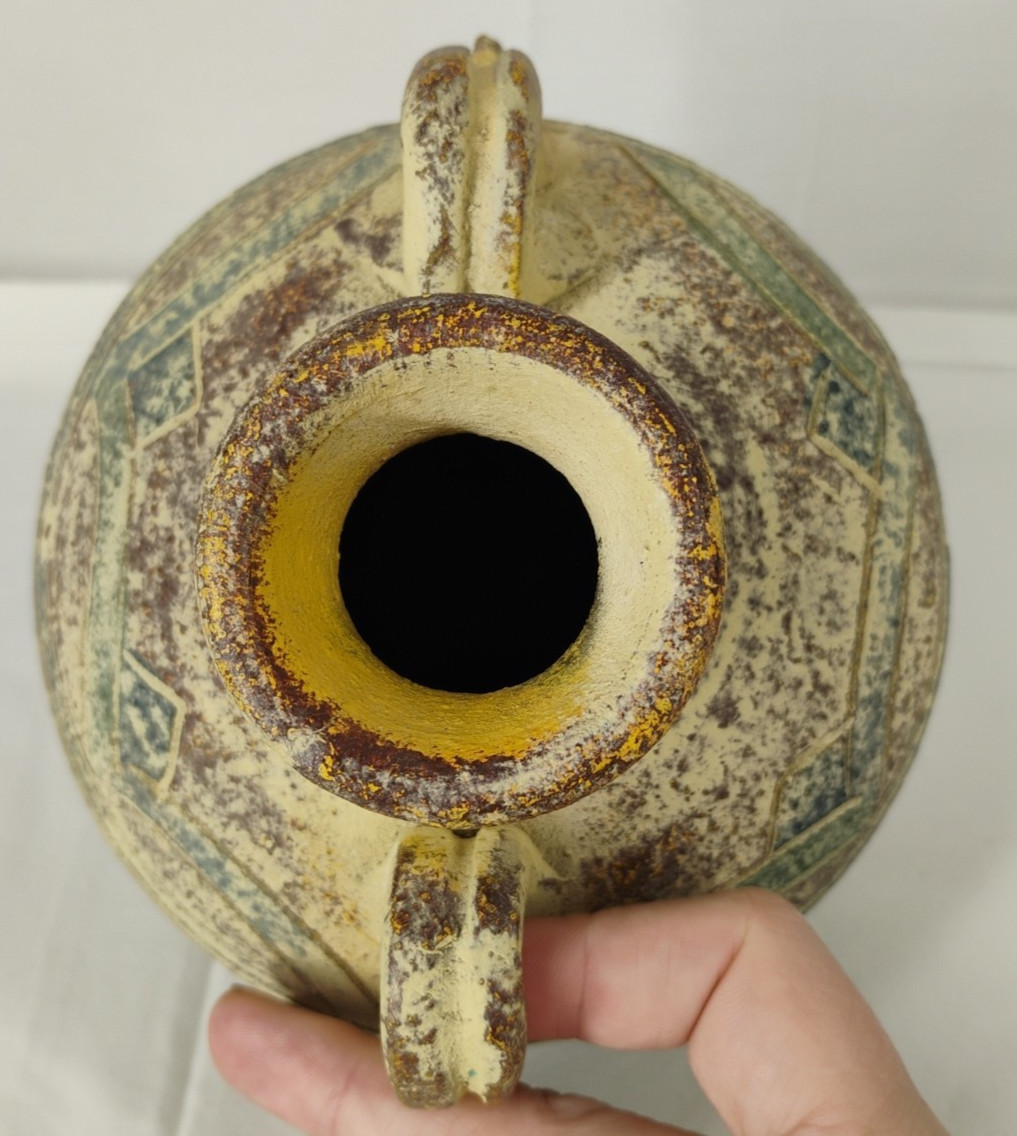 Vintage Clay Handmade Double Loop Handle Round 6.25” Textured Vase Made in China