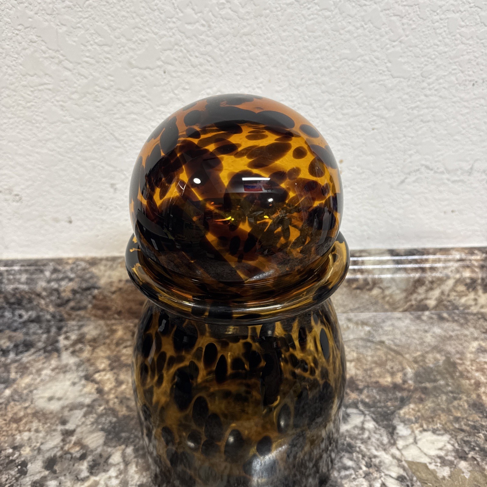 Vintage Amber Tortoise Spotted Art Glass Vase – Hand-Blown MCM Round Topper 12.5