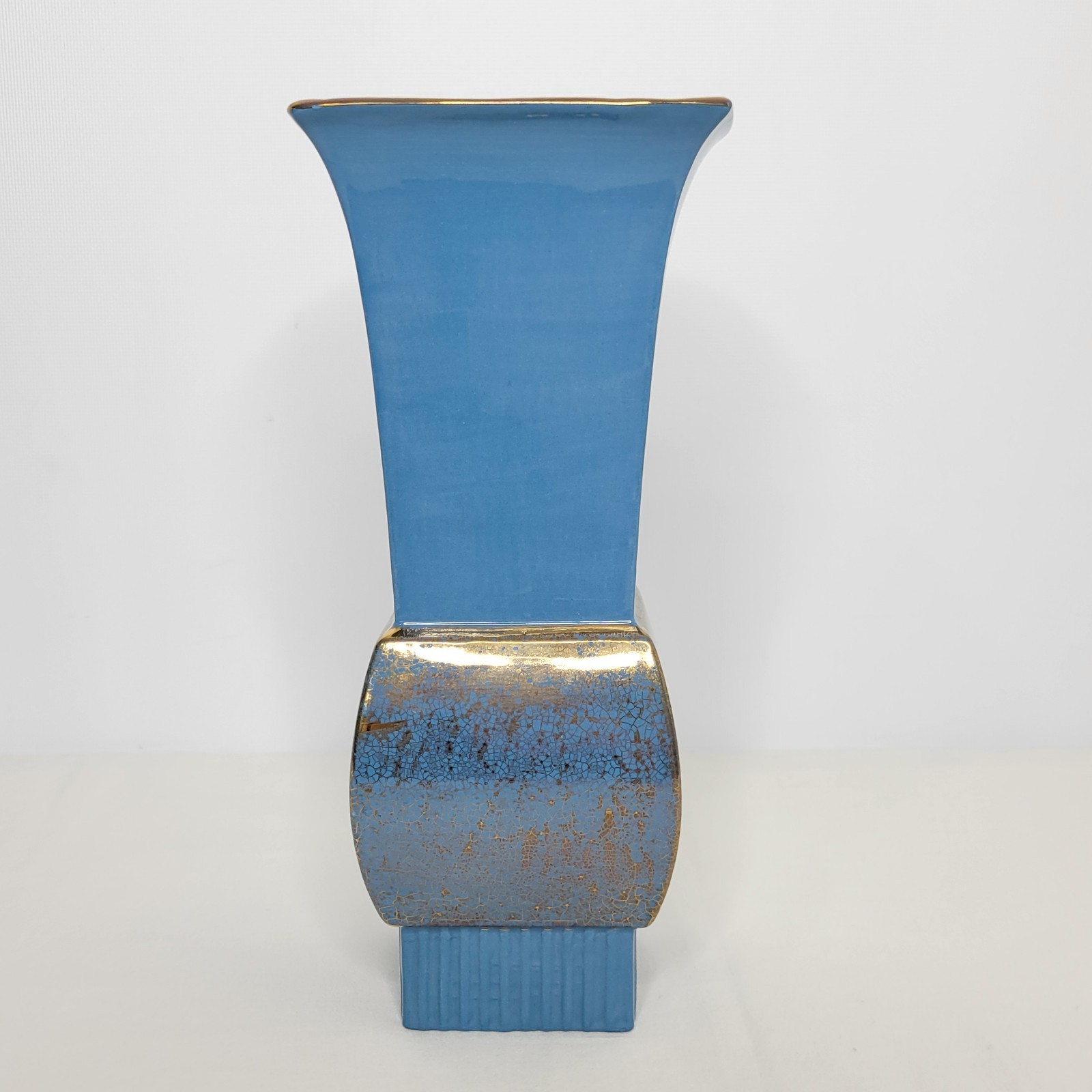 Vintage Ceramic Blue Gold Crackle 10 1/4″ Square Vase