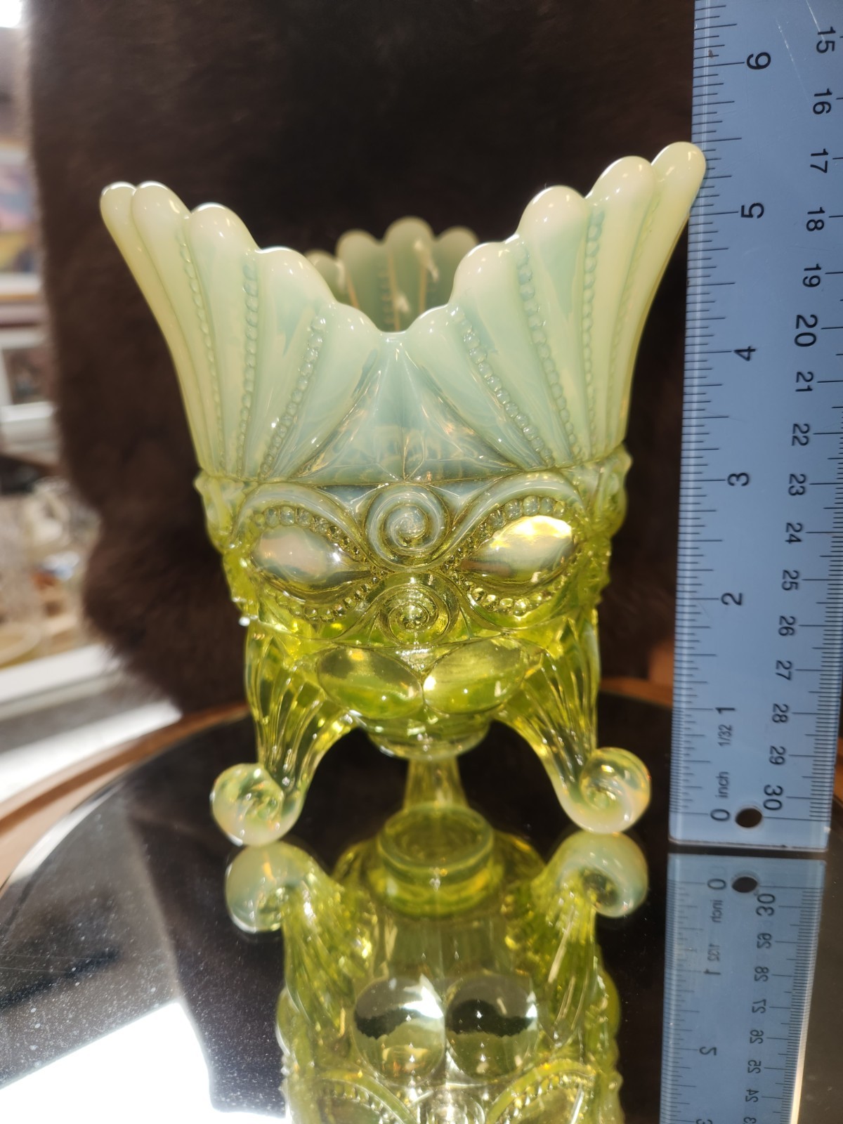 Mosser Opalescent Vaseline Uranium “Eye Winker” Footed Spooner