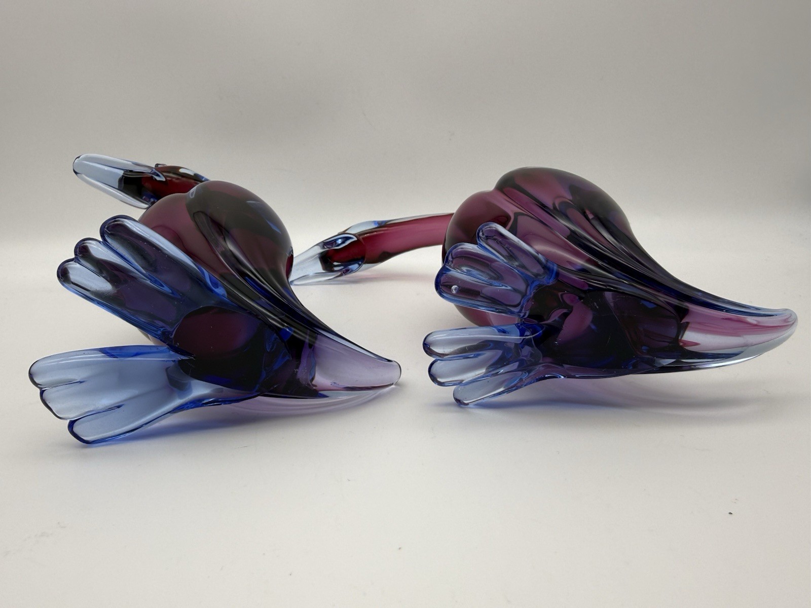MCM Pair of 2 Art Glass Ducks Blue Purple 7.75″ & 7″ Hand Blown Mid Century