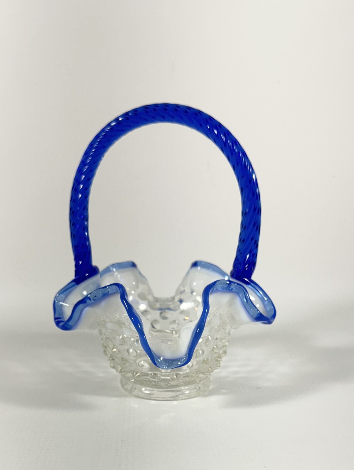 Vintage FENTON Sapphire Blue Crest Opalescent Hobnail Ruffle Top Basket