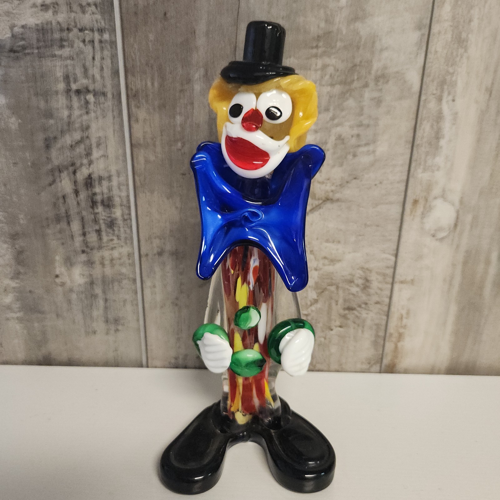 Vintage Murano Italian Art Glass Clown Figurine Blue Bow Tie Black Top Hat 9″ in