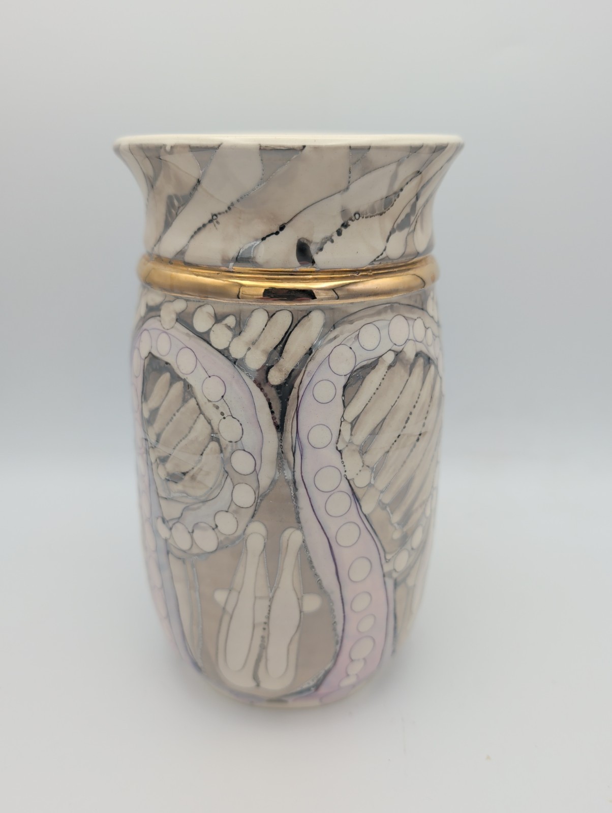 Studio Art Pottery Hand Painted Ceramic Vase Gold Band Iridescent 7 5/8″ Tall