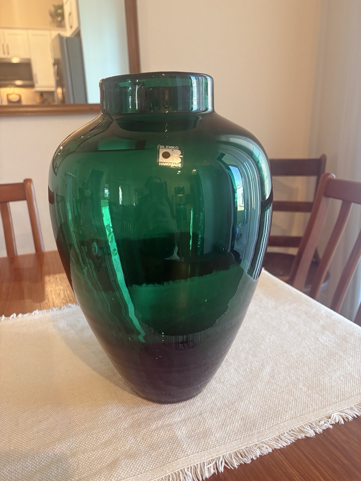 Vintage Blenko 8821L Emerald Green Vase 14” Handmade Art Glass 1988 Perfect