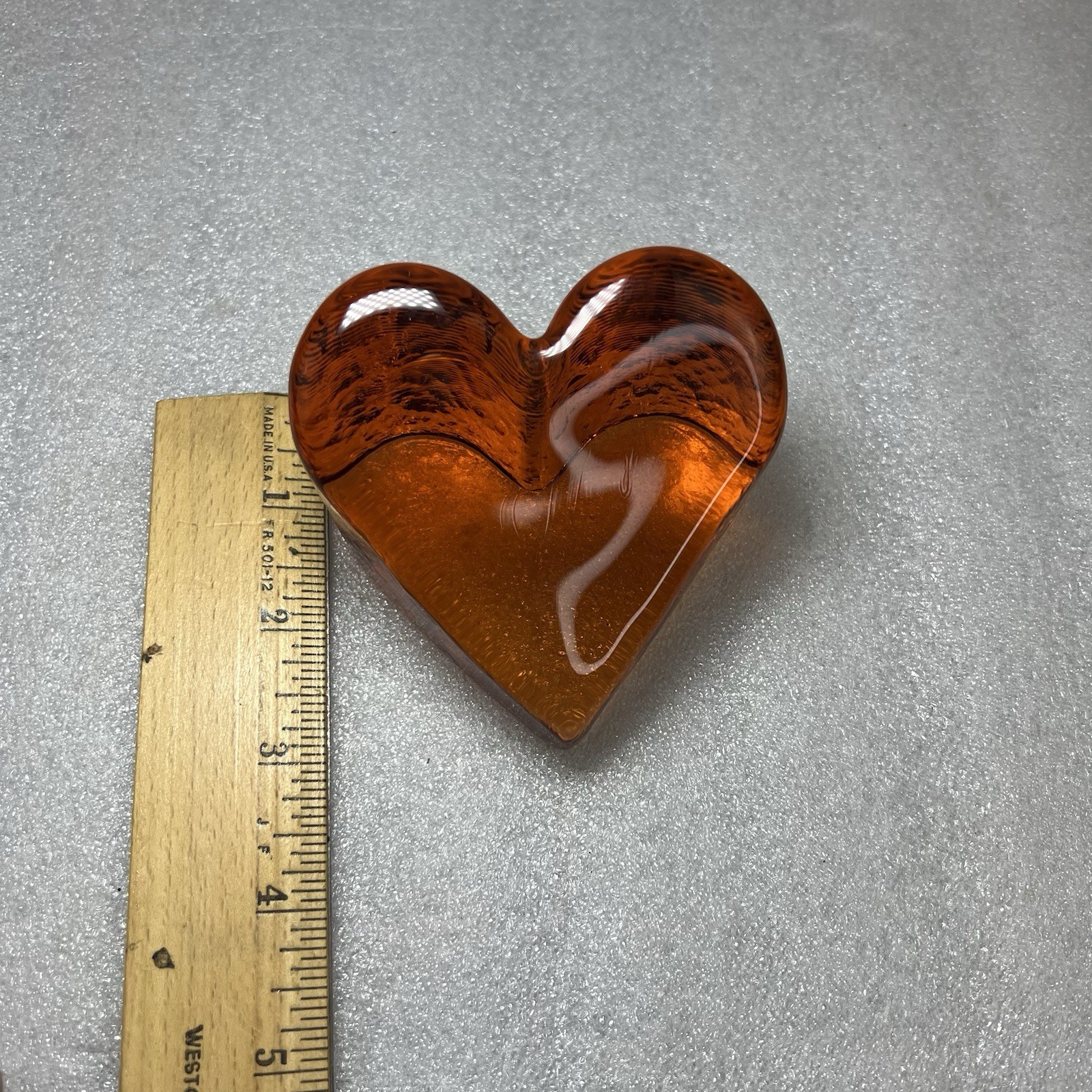 FIRE & LIGHT Amber Heart Glass Paperweight Orange/Copper Recycled Art Glass Sign