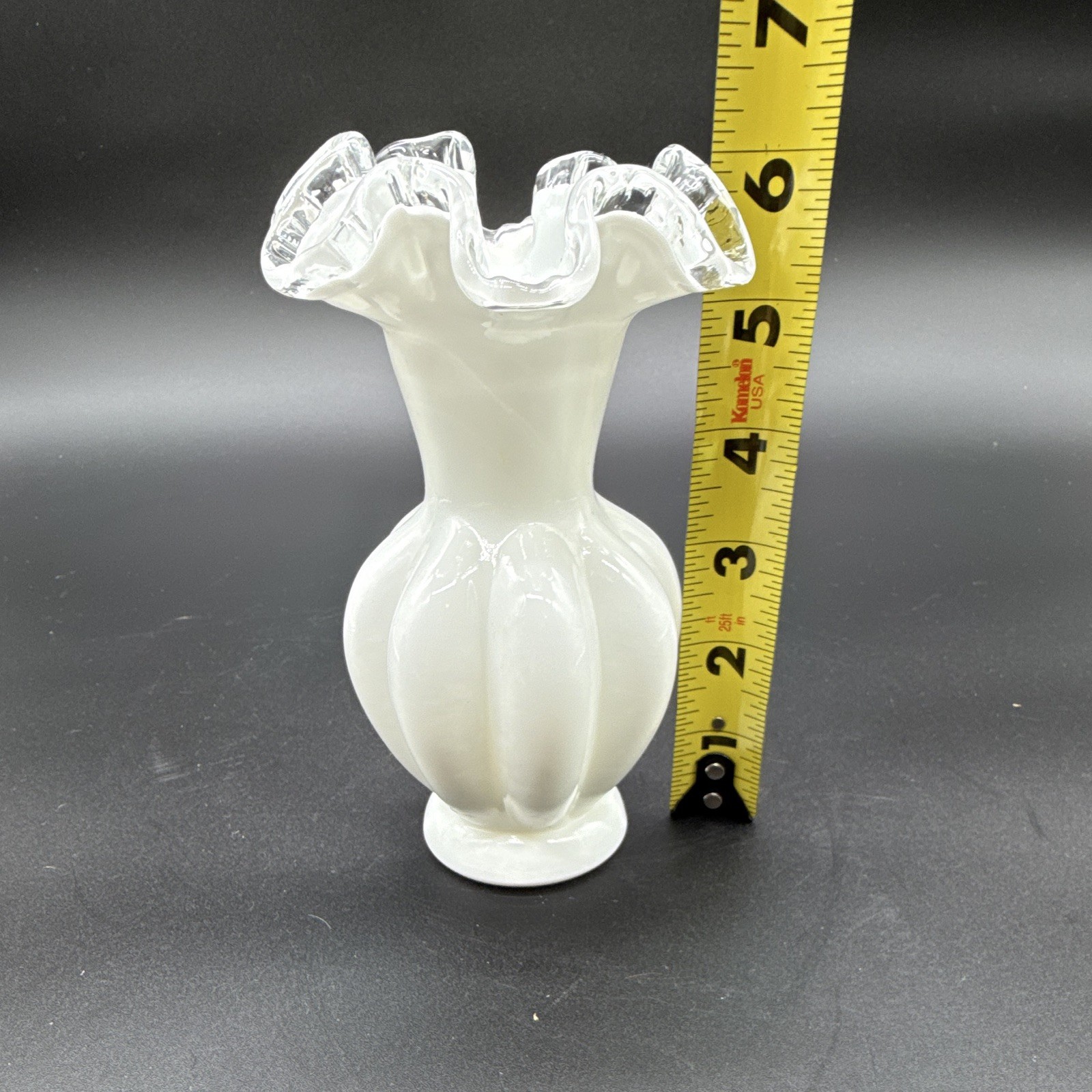 White & Clear Glass Vase Ruffled Rim Decorative Art Glossy Finish 6″