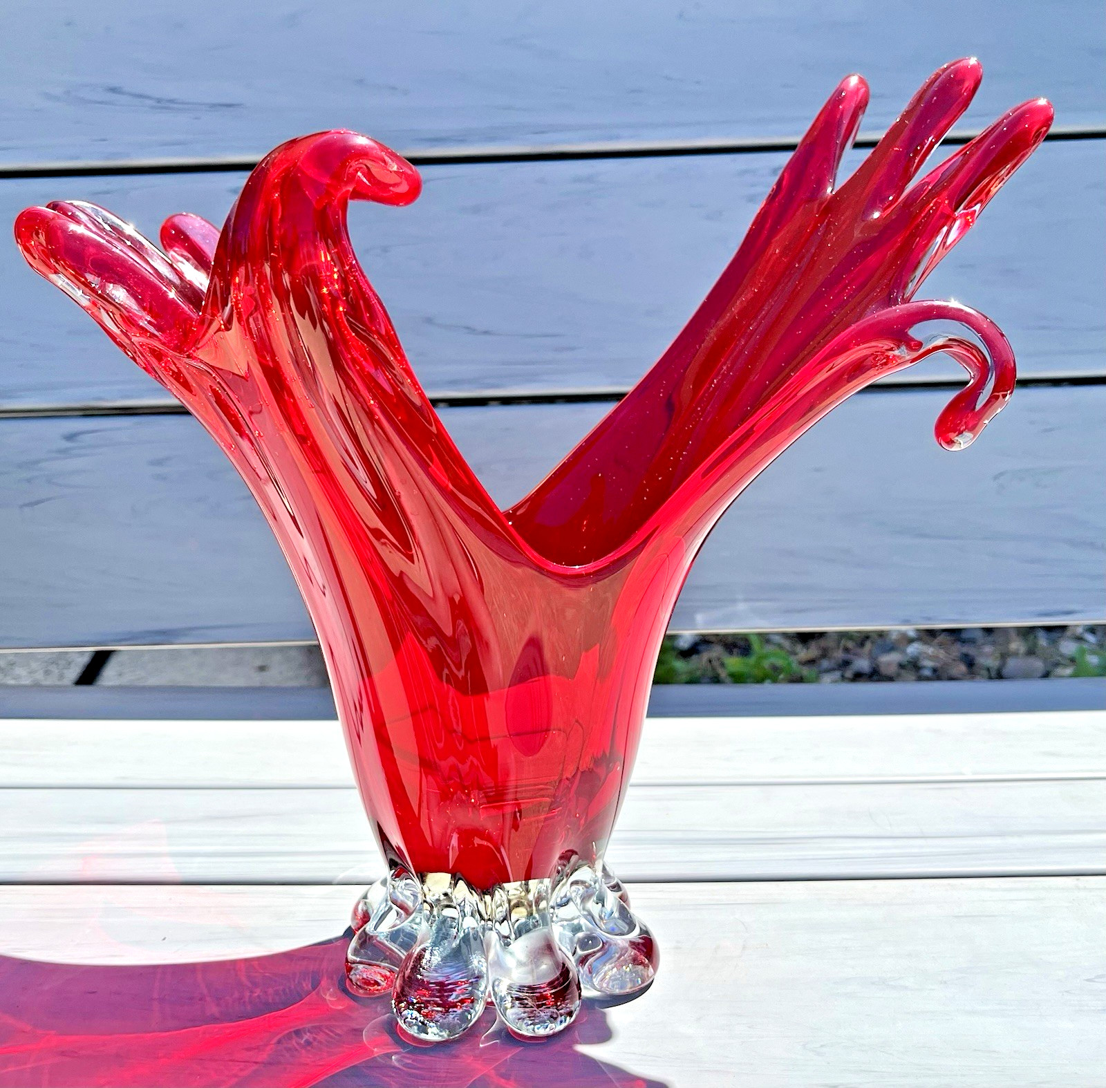 Vibrant RED Art Glass Hand Blown Pulled Stretched Free Form Vase Heavy 12.5″