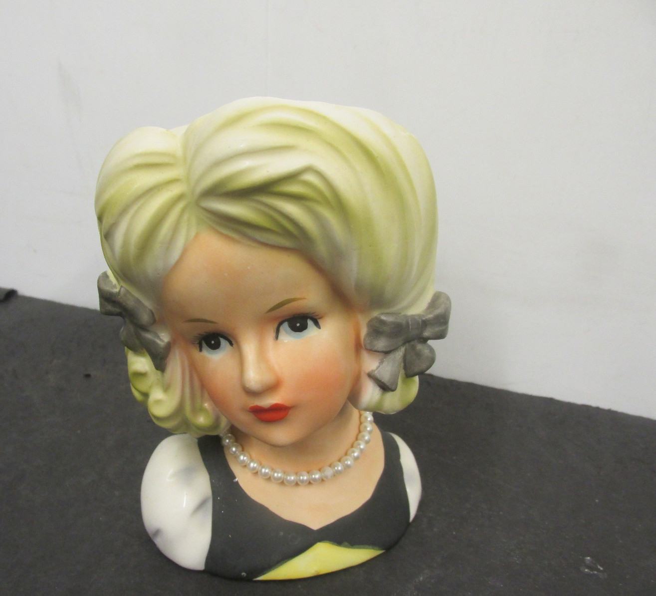 2031 RELPO 5 1/2 IN blonde BLACK DRESS AND BOWS head vase FOIL LABEL RELPO