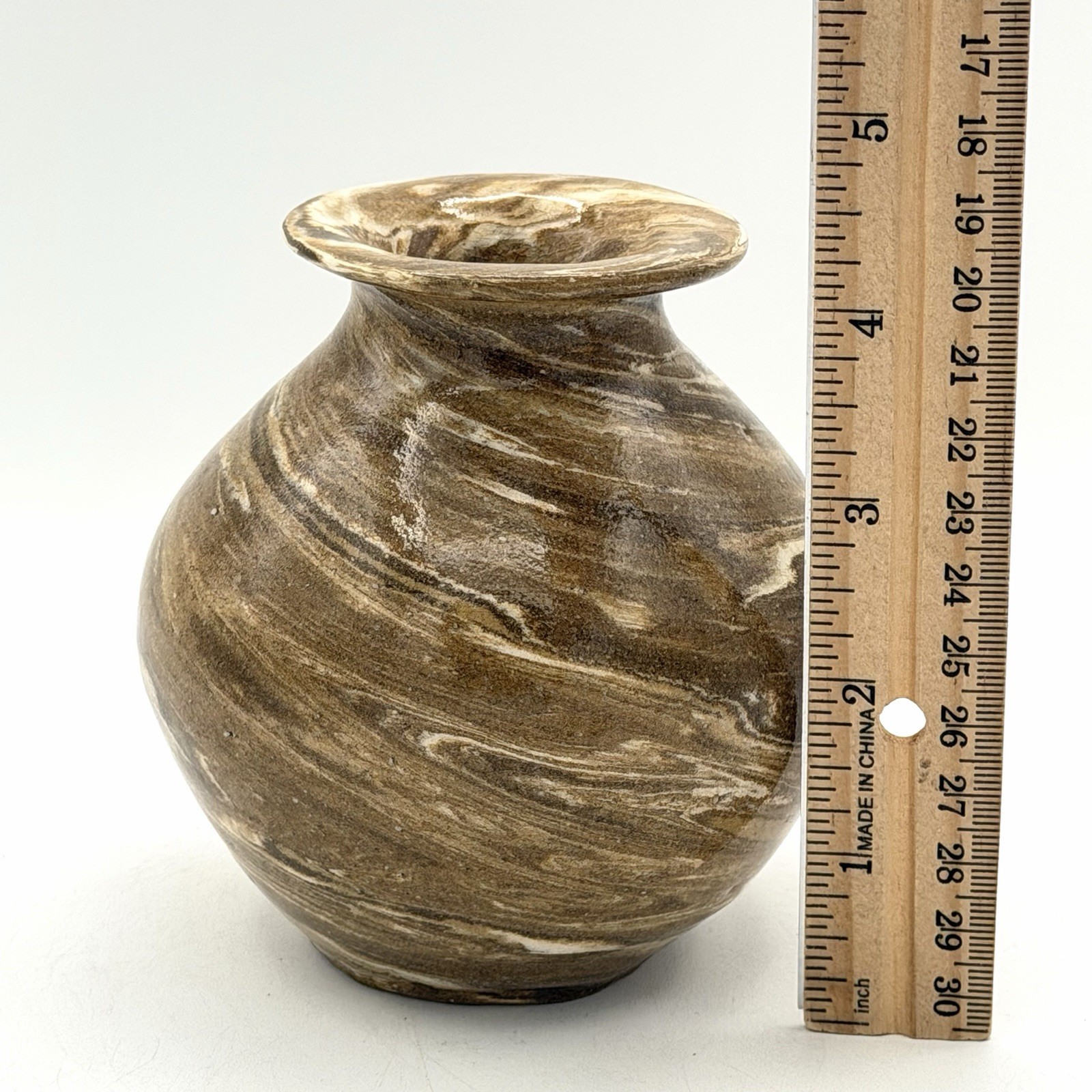 Swirl Brown Tan Art Pottery Stoneware Vase Signed by Artist 4.5 X 2.5 Inch