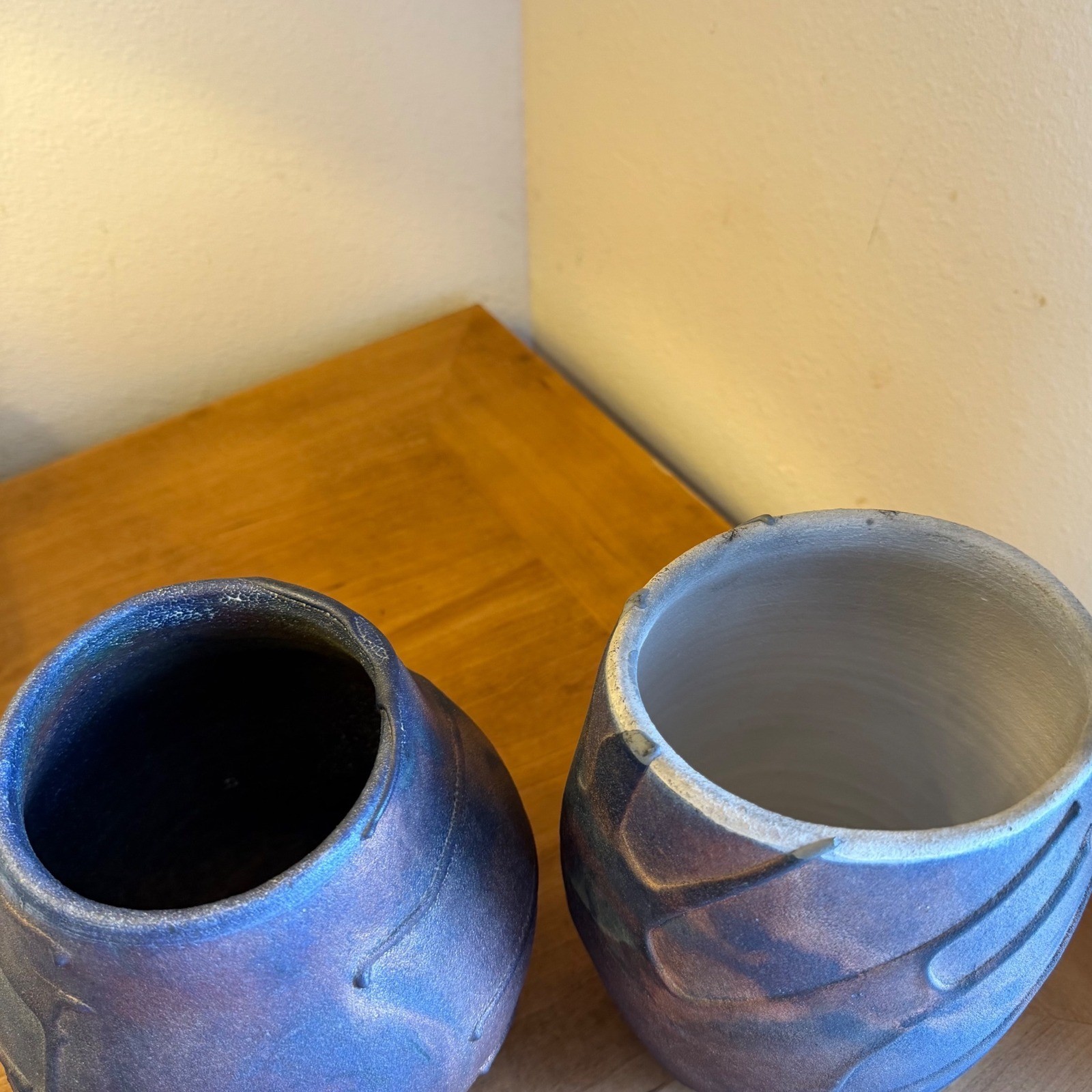 Signed Studio Pottery Vase Set Raku Style Iridescent Blue Purple Art Pottery