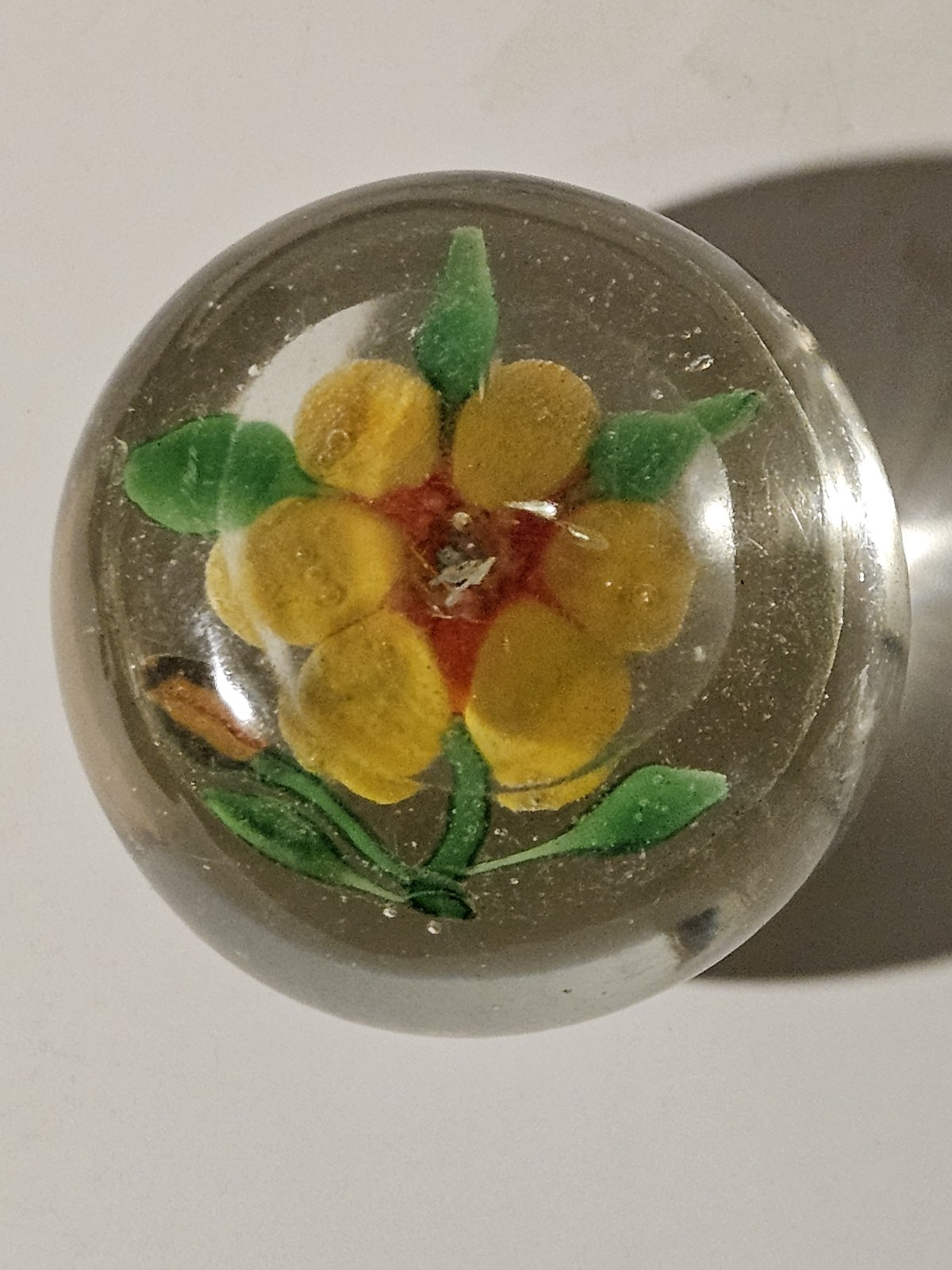 Old Chinese Two Color Fantasy Flower Glass Paperweight with Leaves and Bud 2.75″