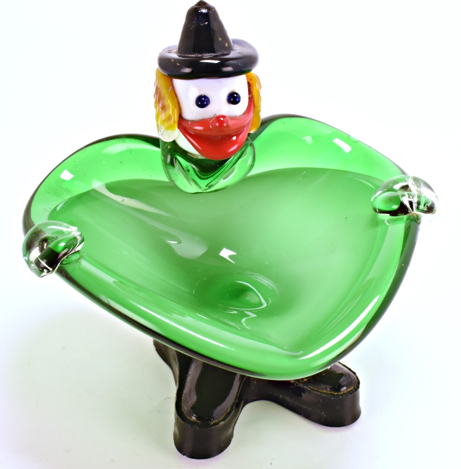 Vintage Murano Style Green Art Glass Clown Candy Trinket Dish Bowl 5.5″