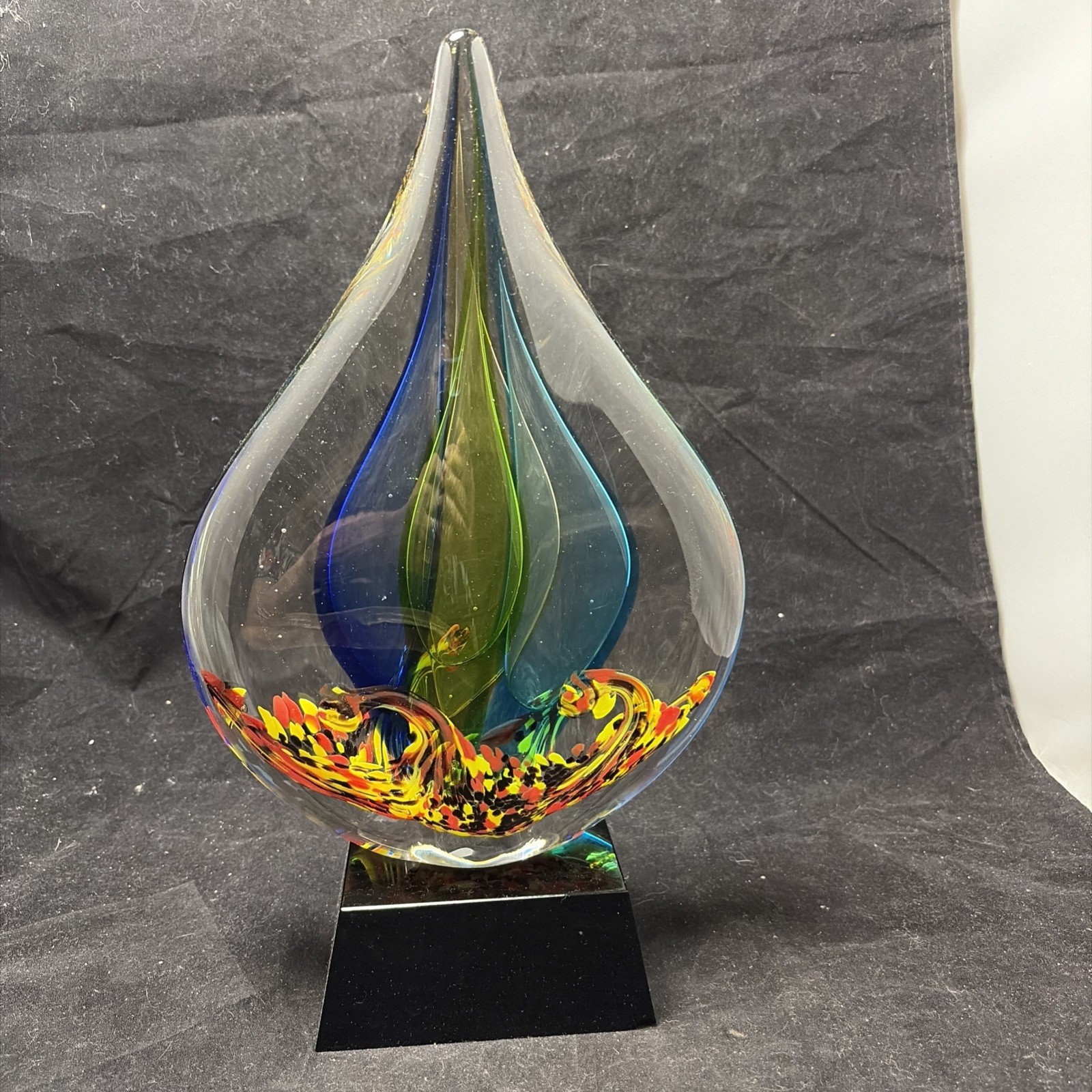 Large 14 inch Murano Multi Color Art Glass Coral tear drop on black Base Heavy