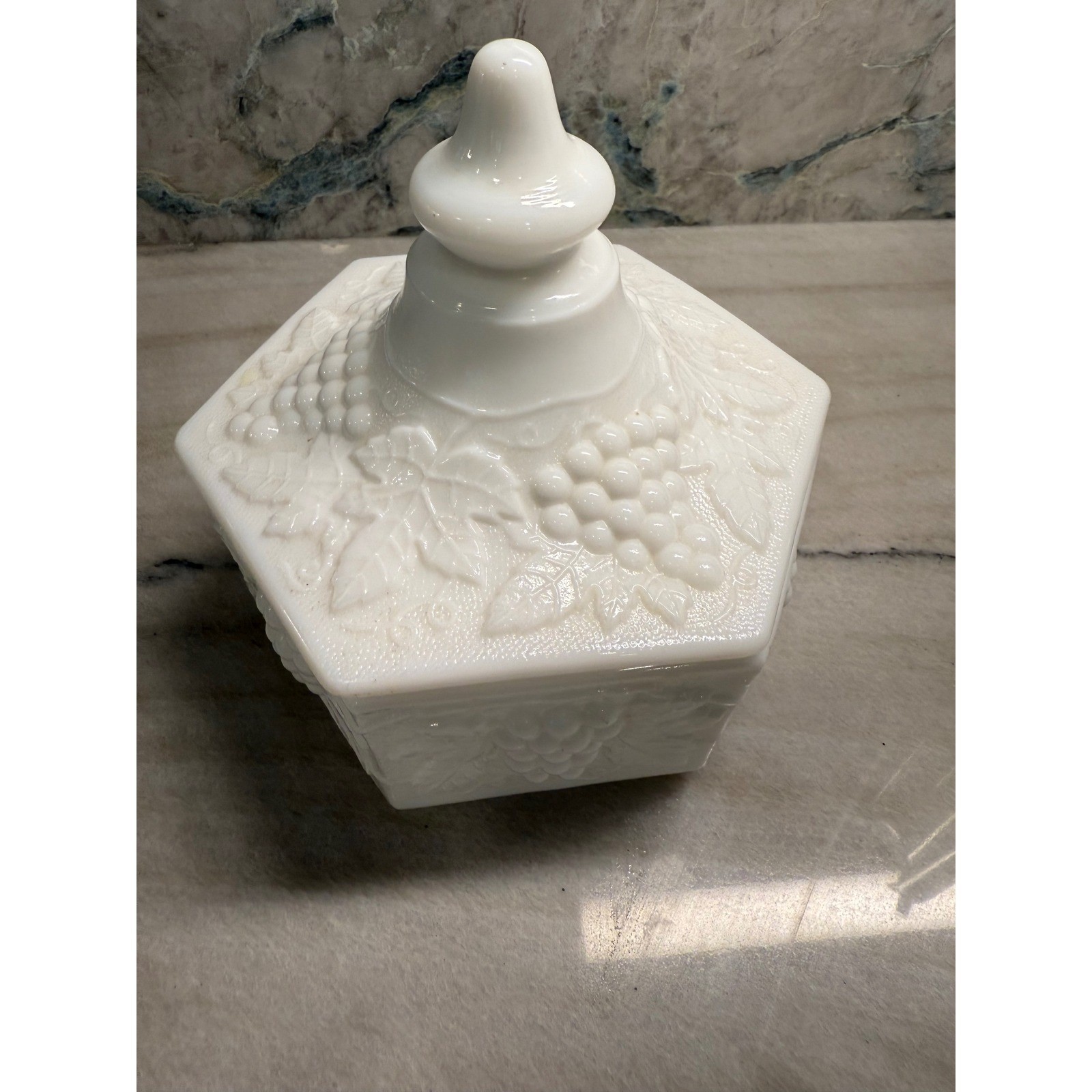 Imperial Glass Milk Glass Grape Hexagon Candy Dish with Lid Vintage IG Mark