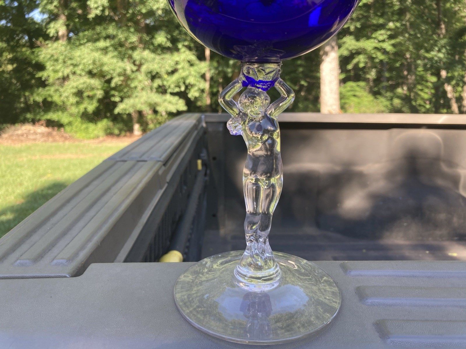 Vintage Cambridge Female Nude Lady Stem Ivy Ball Glass Vase / Royal Blue
