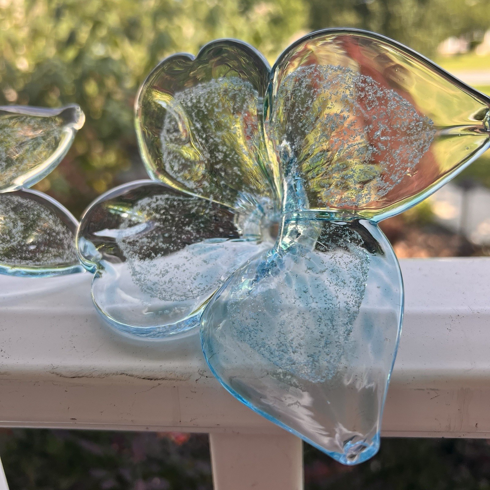 Murano Italian Hand Blown Glass Art Butterfly ,Twisted Stem Flower Set Of 2