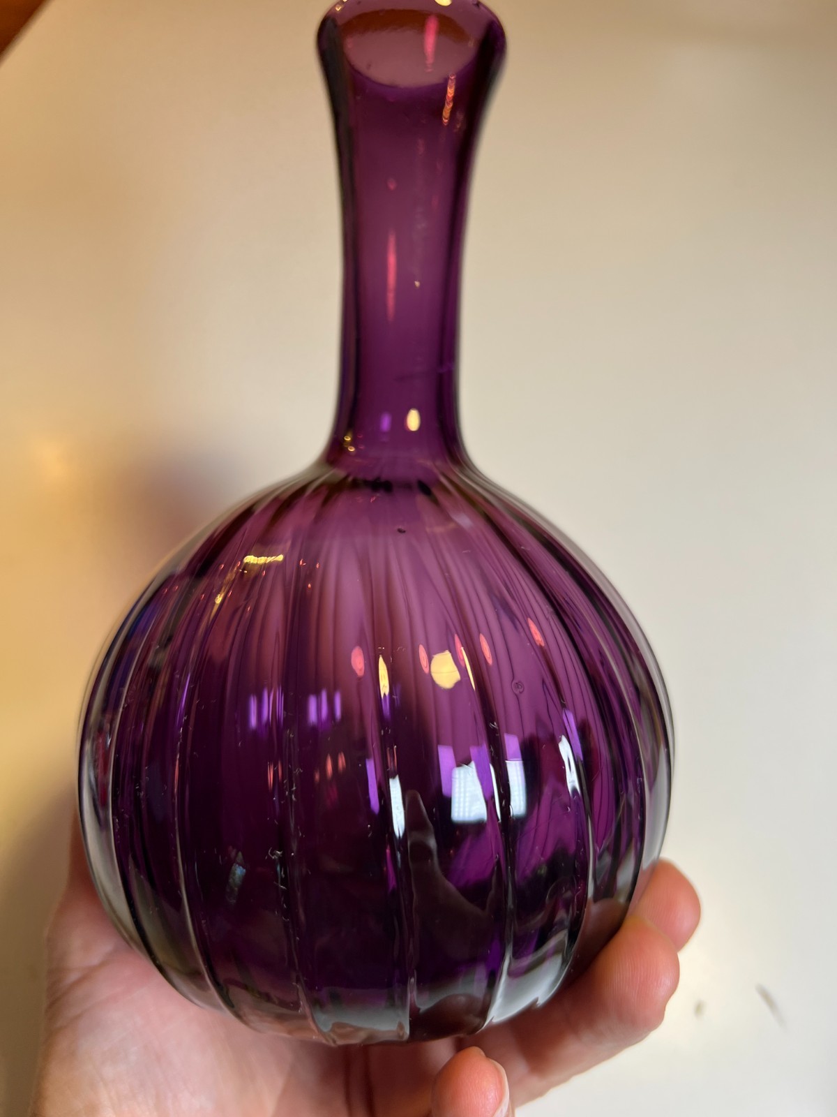 Vintage MFA BOSTON Hand Blown Amethyst Purple Art Glass Vase Ribbed Melon Onion